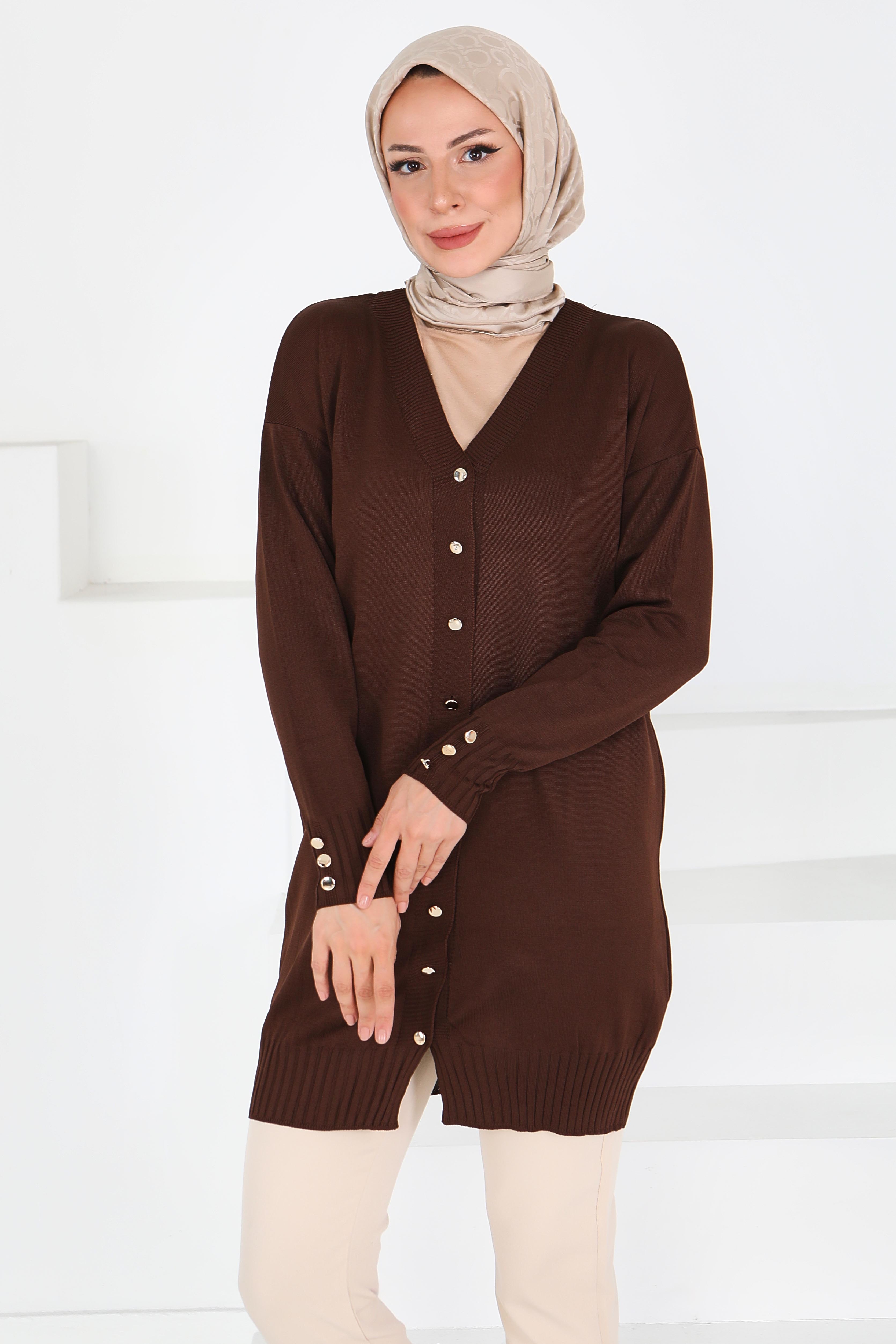 Düğmeli Triko Hırka - 27798-KAHVE - 1