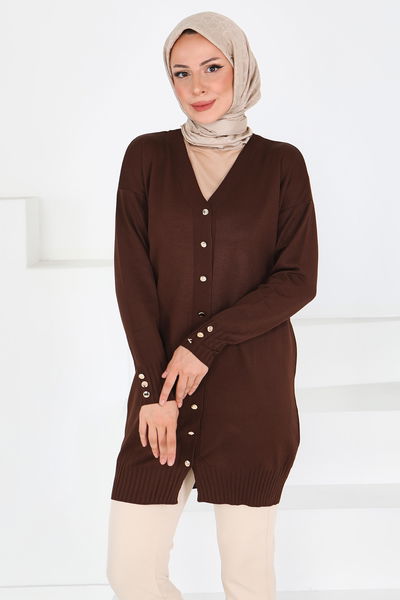 Düğmeli Triko Hırka - 27798-KAHVE 