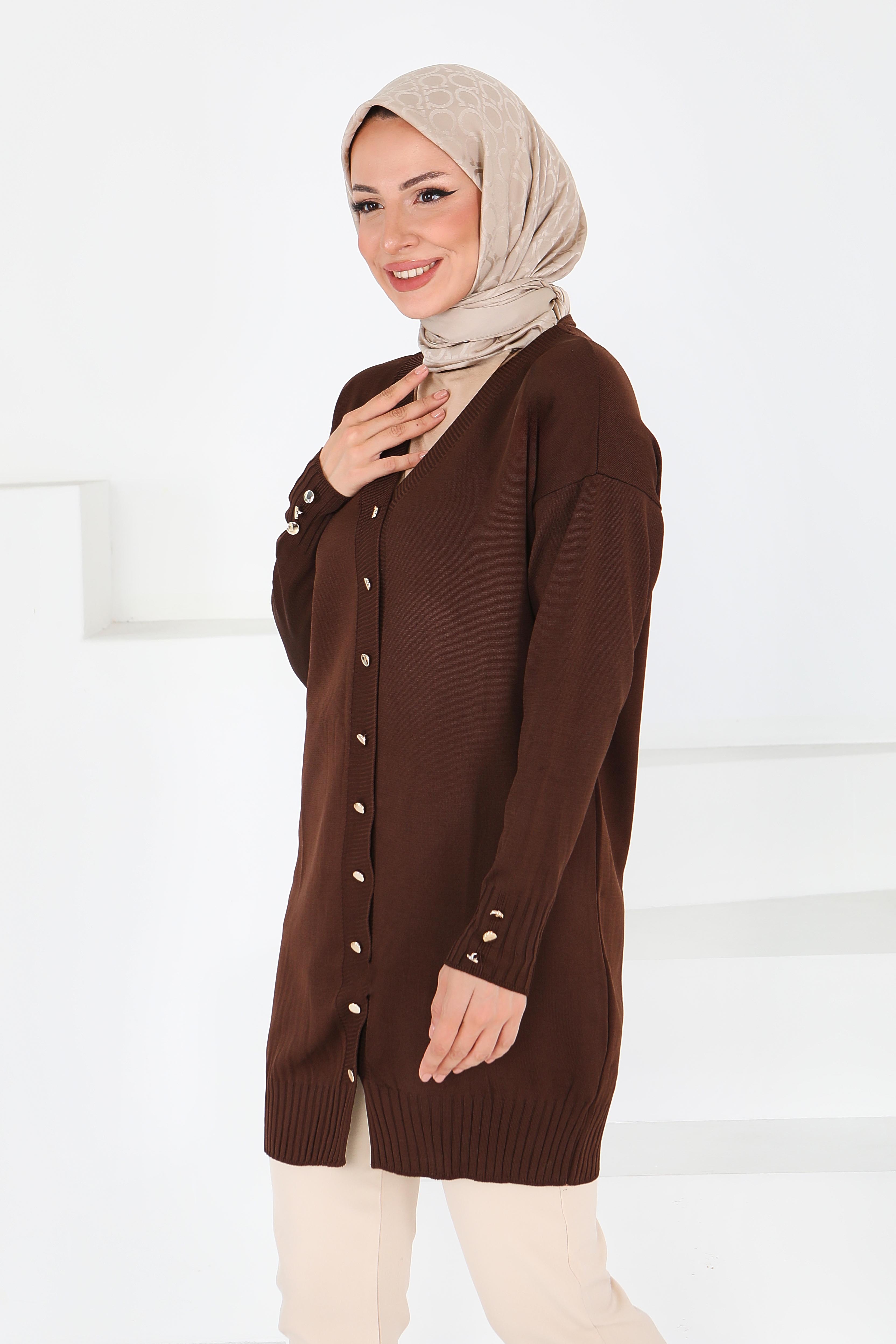 Düğmeli Triko Hırka - 27798-KAHVE - 2