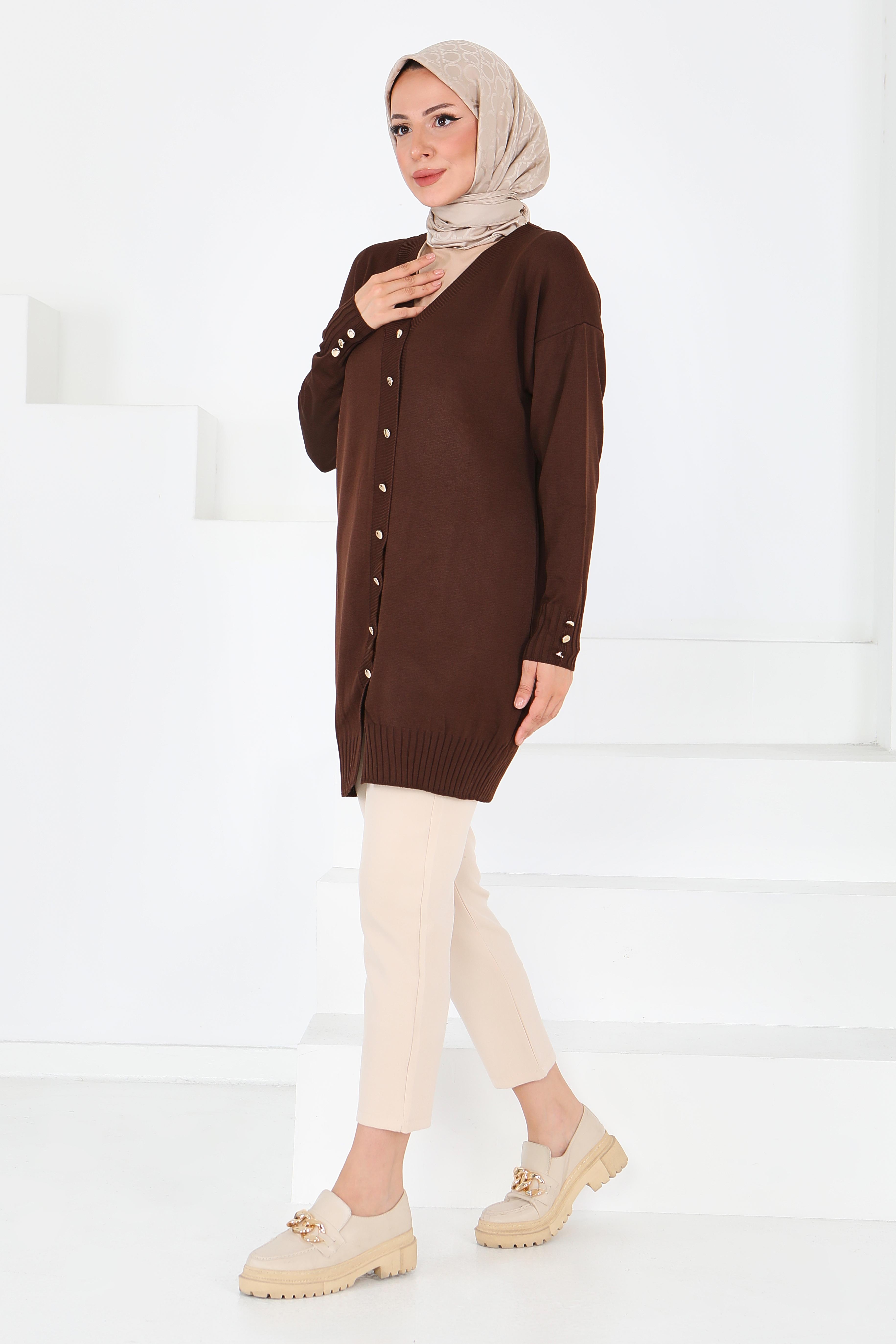 Düğmeli Triko Hırka - 27798-KAHVE - 3