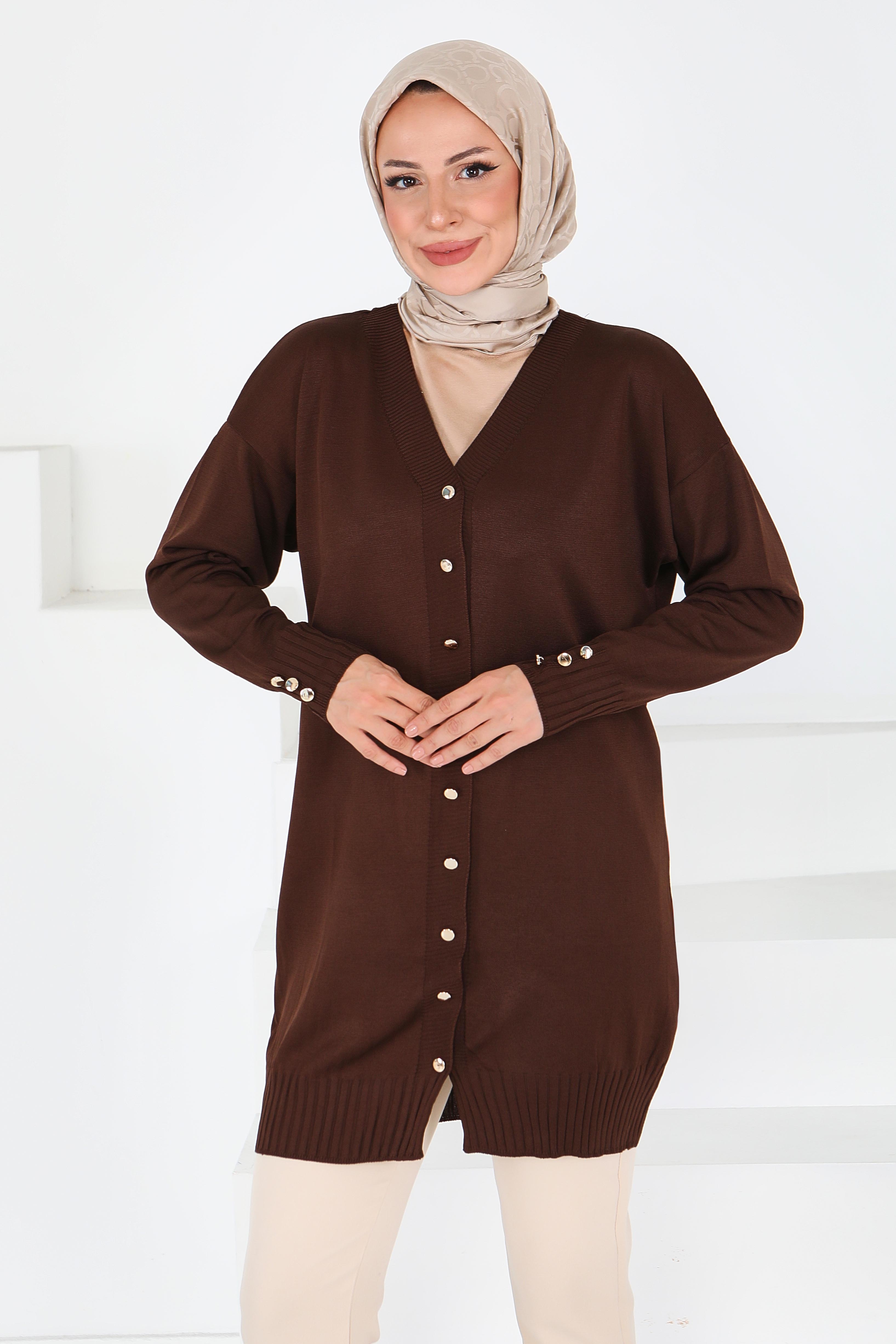 Düğmeli Triko Hırka - 27798-KAHVE - 4