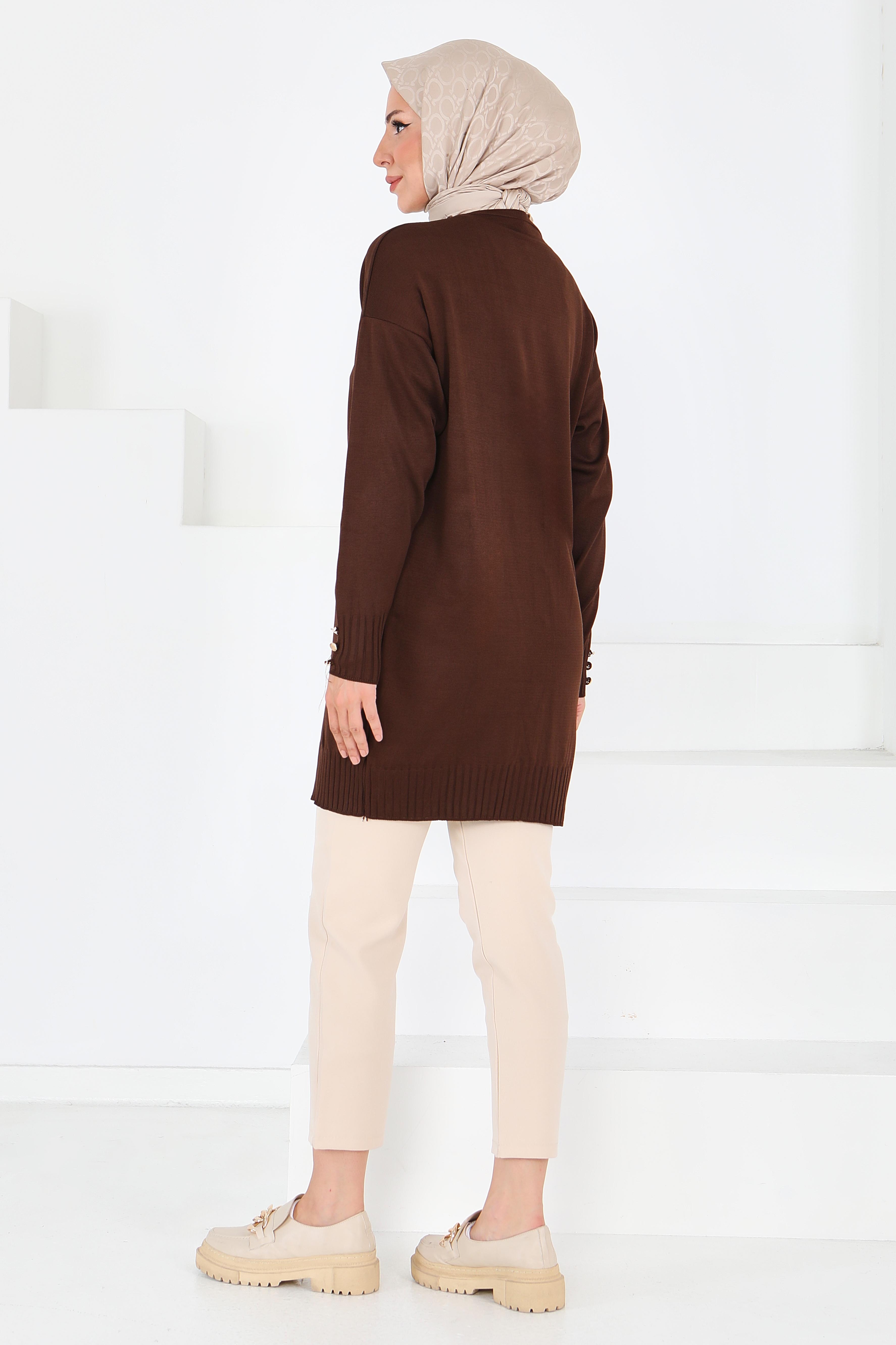 Düğmeli Triko Hırka - 27798-KAHVE - 5