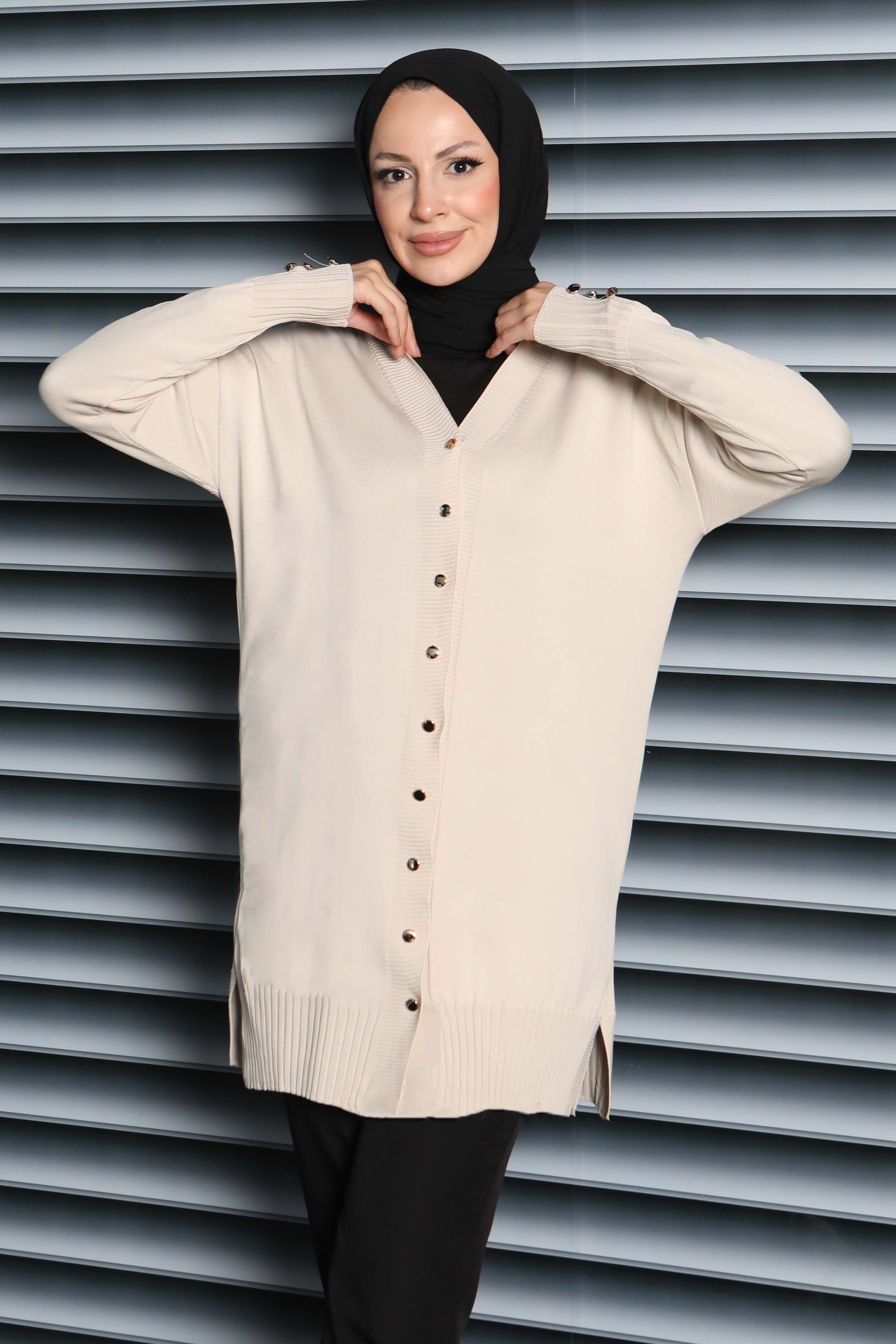 Düğmeli Triko Hırka - 27798-KREM - 1