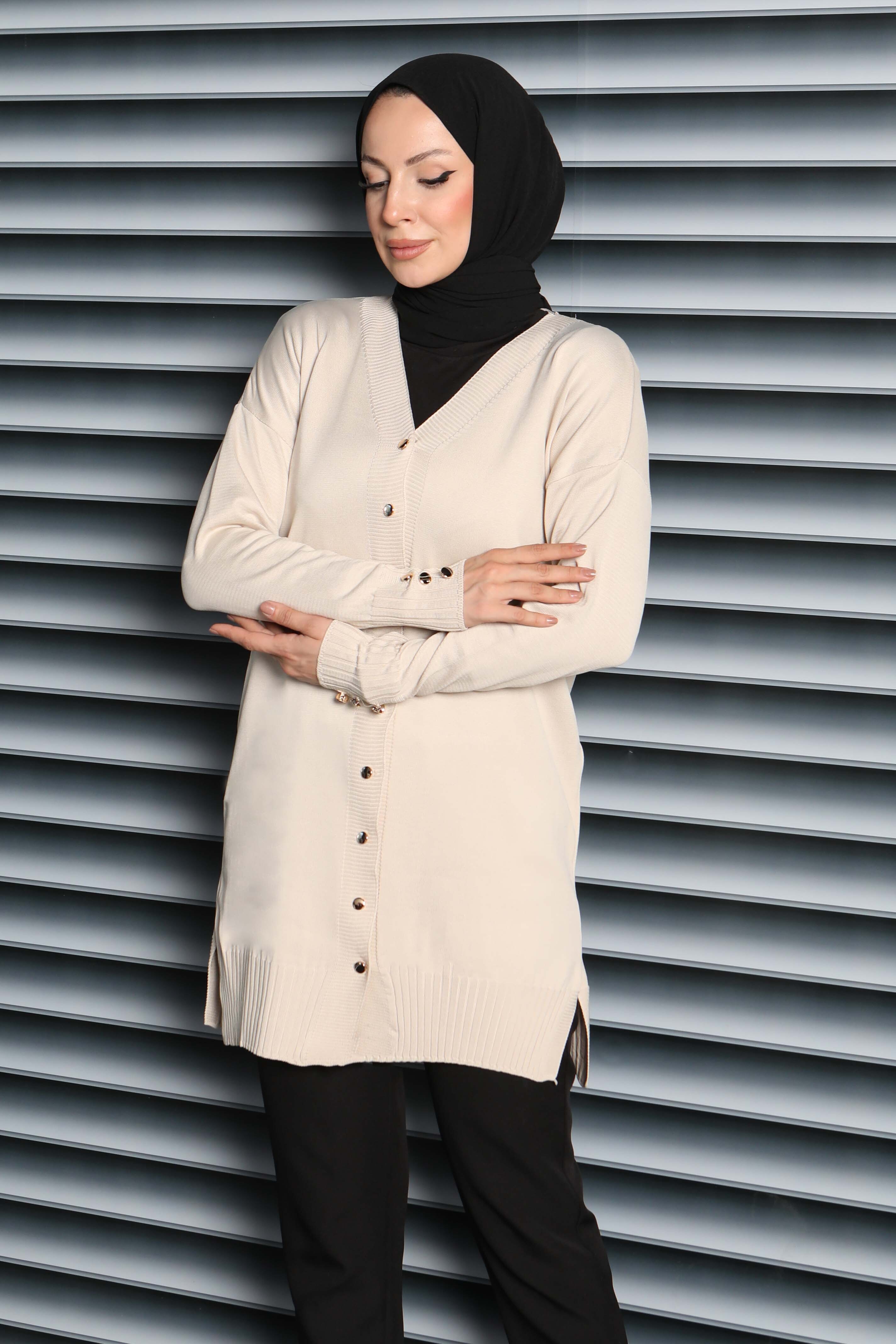 Düğmeli Triko Hırka - 27798-KREM - 2