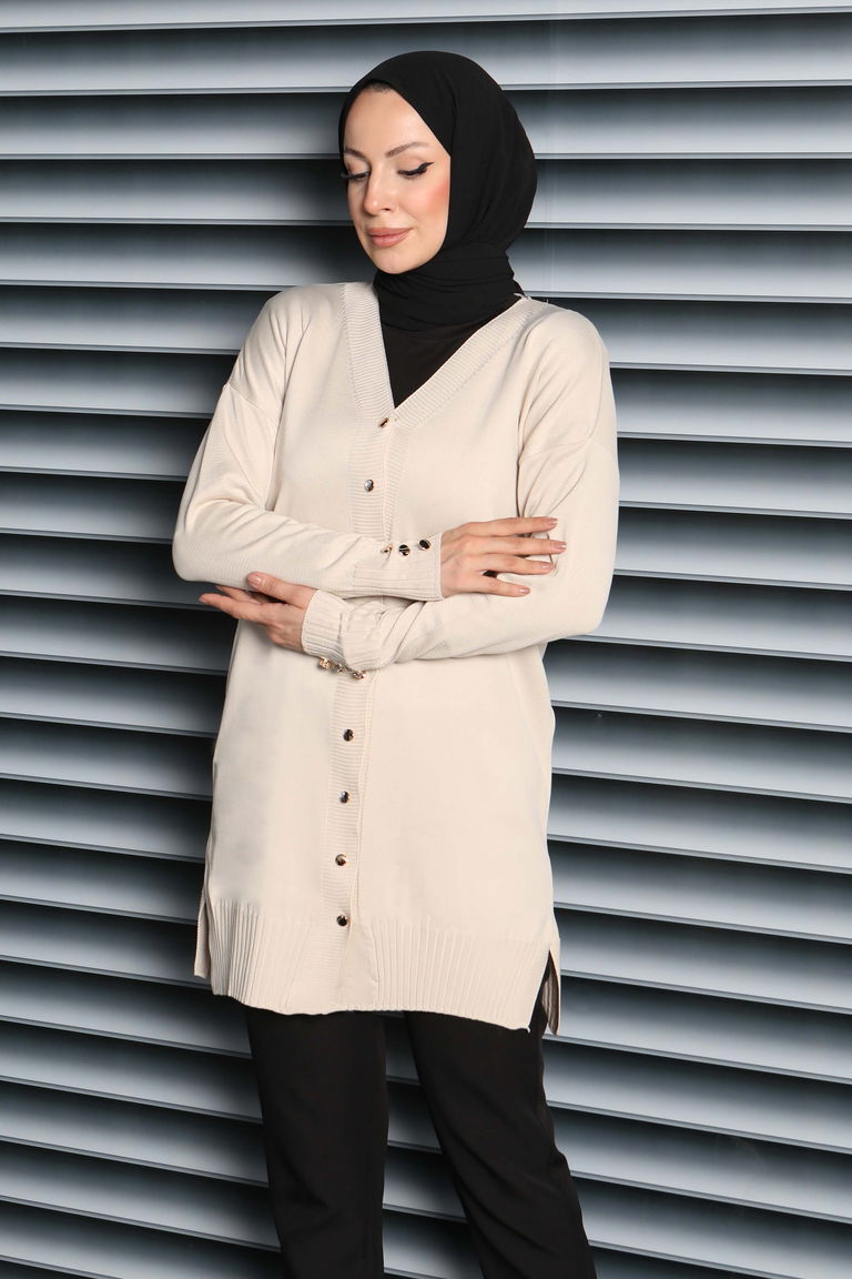 Düğmeli Triko Hırka - 27798-KREM - TOFİSA