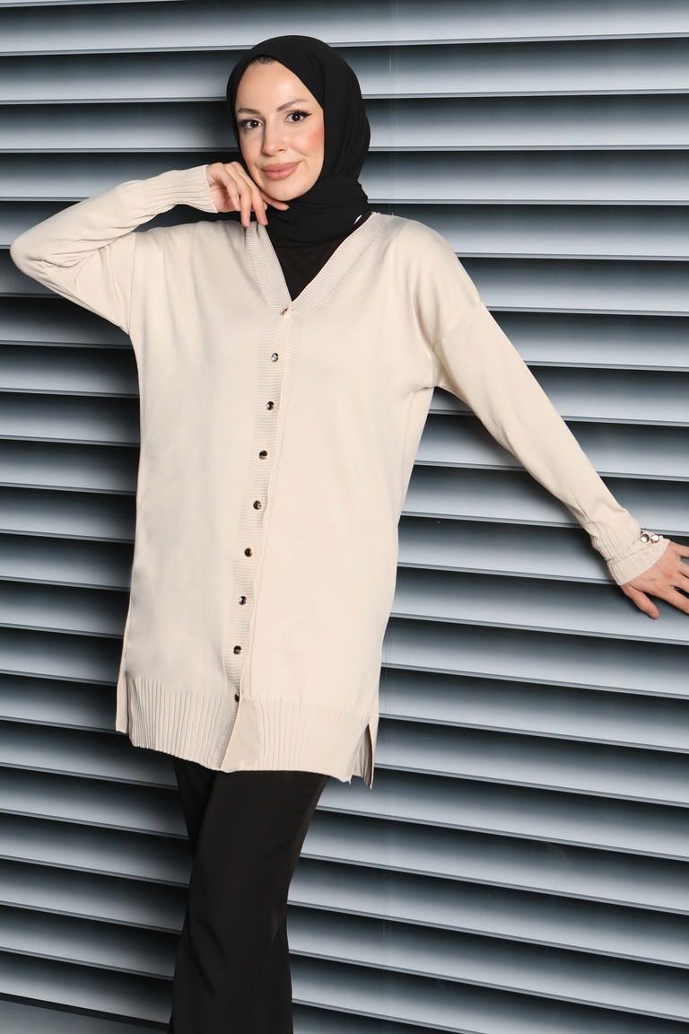 Düğmeli Triko Hırka - 27798-KREM - TOFİSA