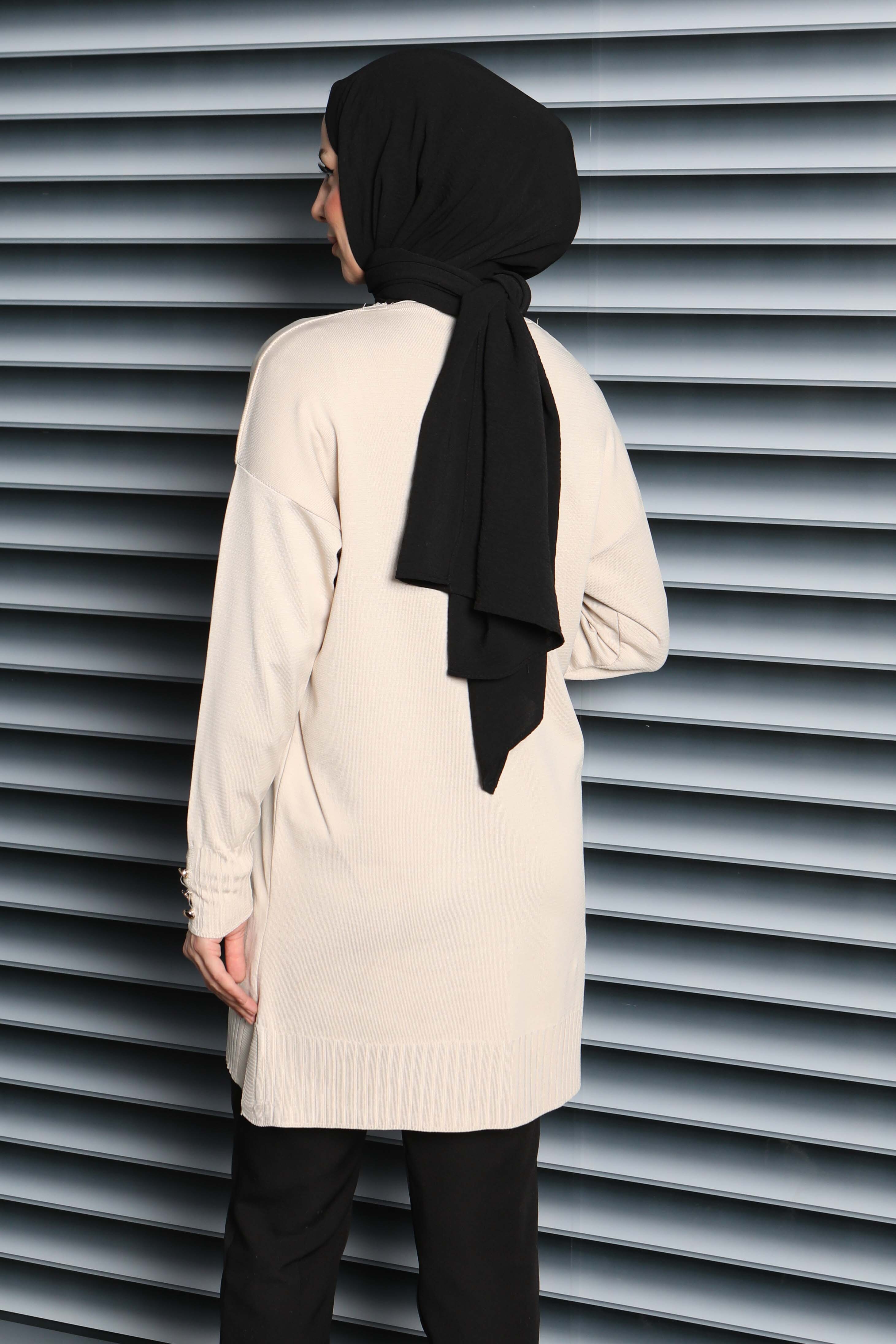 Düğmeli Triko Hırka - 27798-KREM - 4
