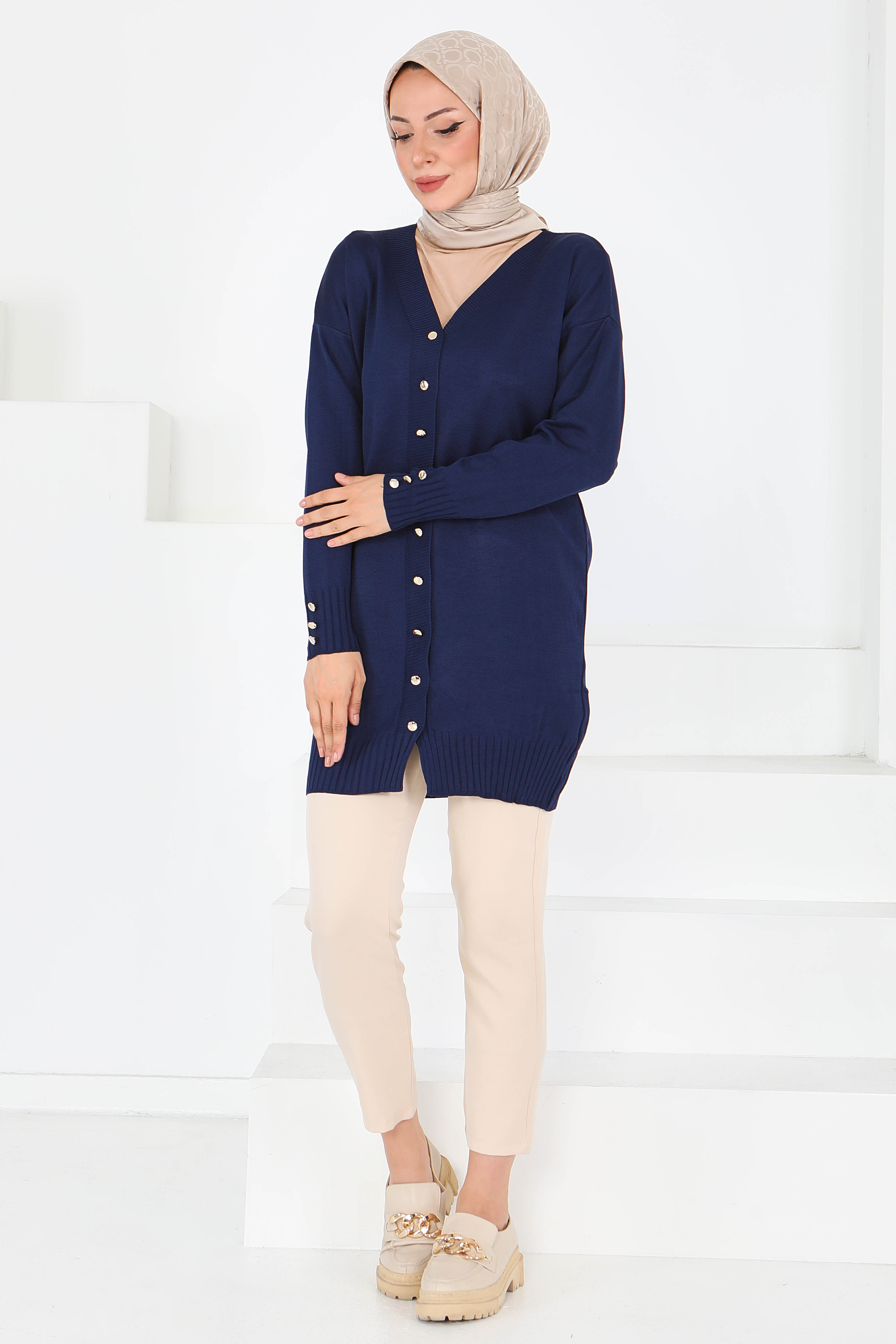 Düğmeli Triko Hırka - 27798-LACIVERT - 1