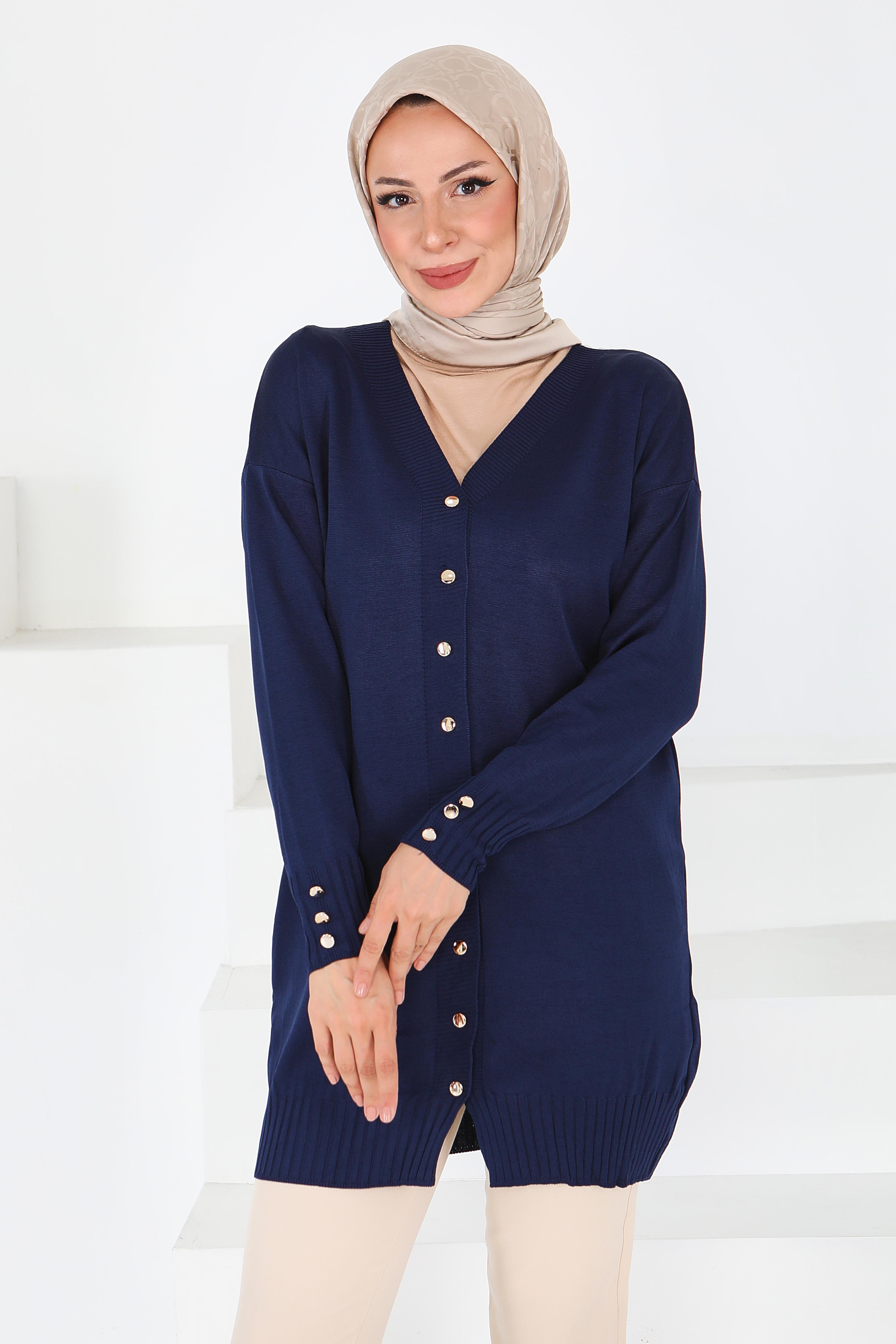 Düğmeli Triko Hırka - 27798-LACIVERT - 2