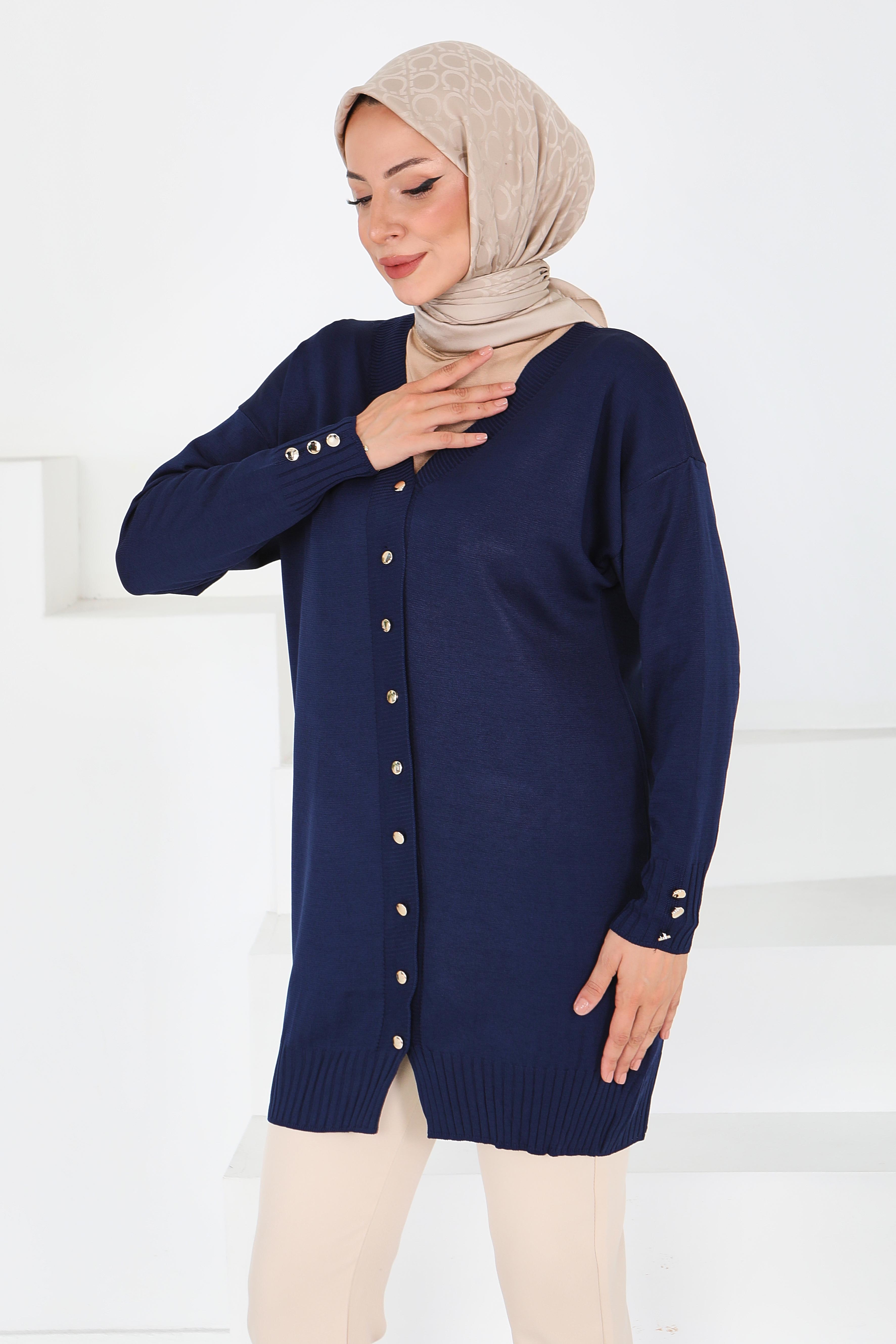 Düğmeli Triko Hırka - 27798-LACIVERT - 3