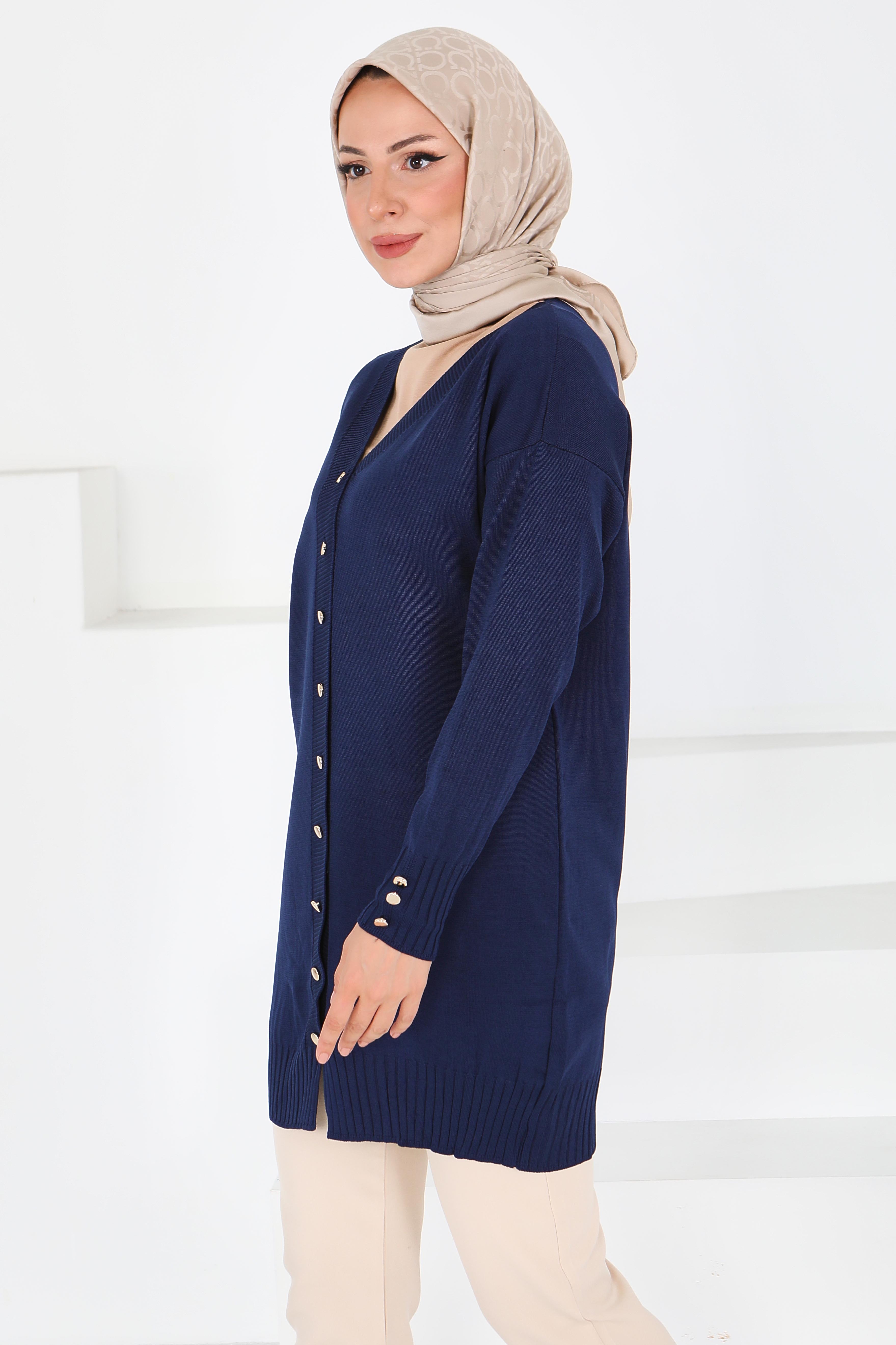 Düğmeli Triko Hırka - 27798-LACIVERT - 5