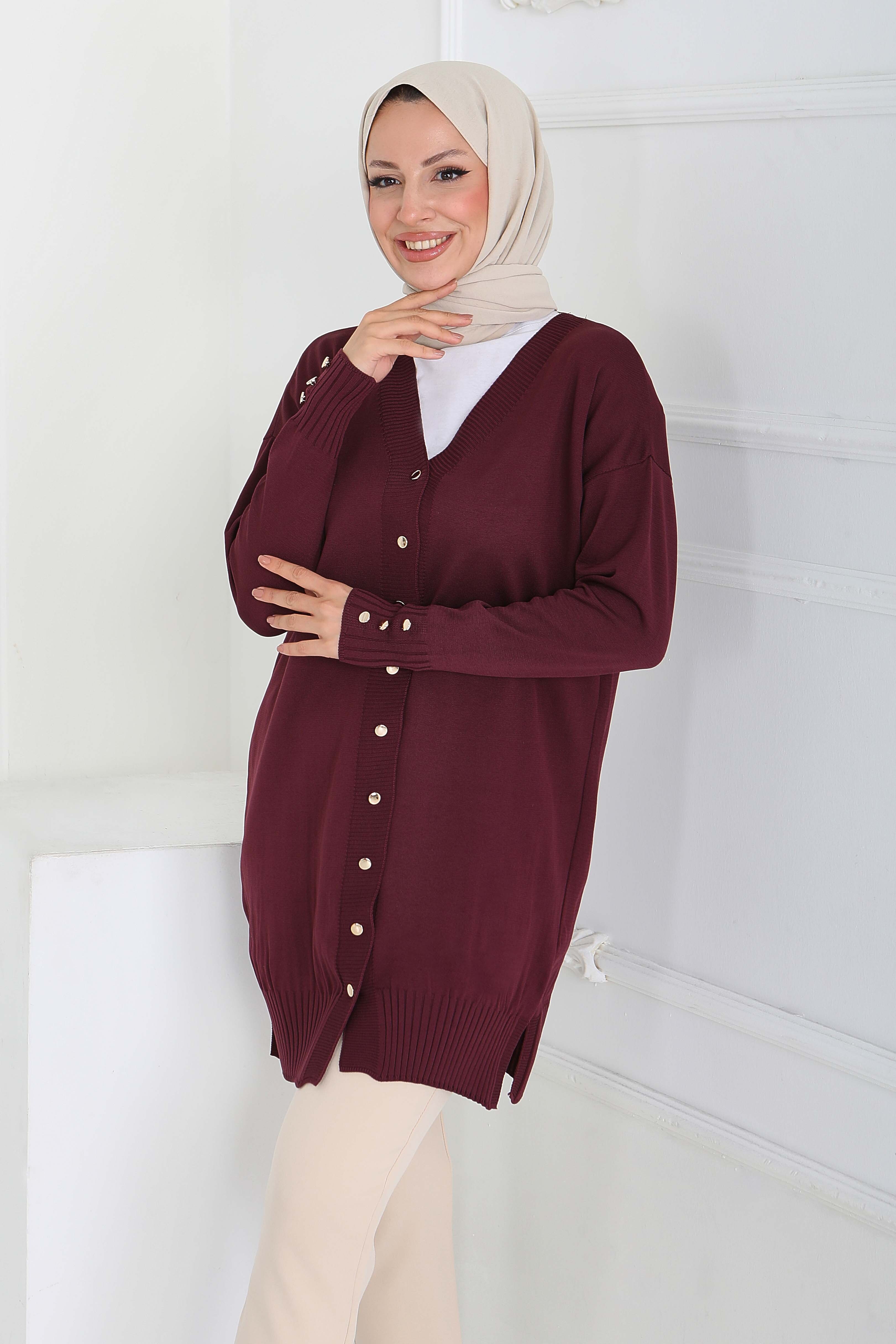 Düğmeli Triko Hırka - 27798-MURDUM - 1