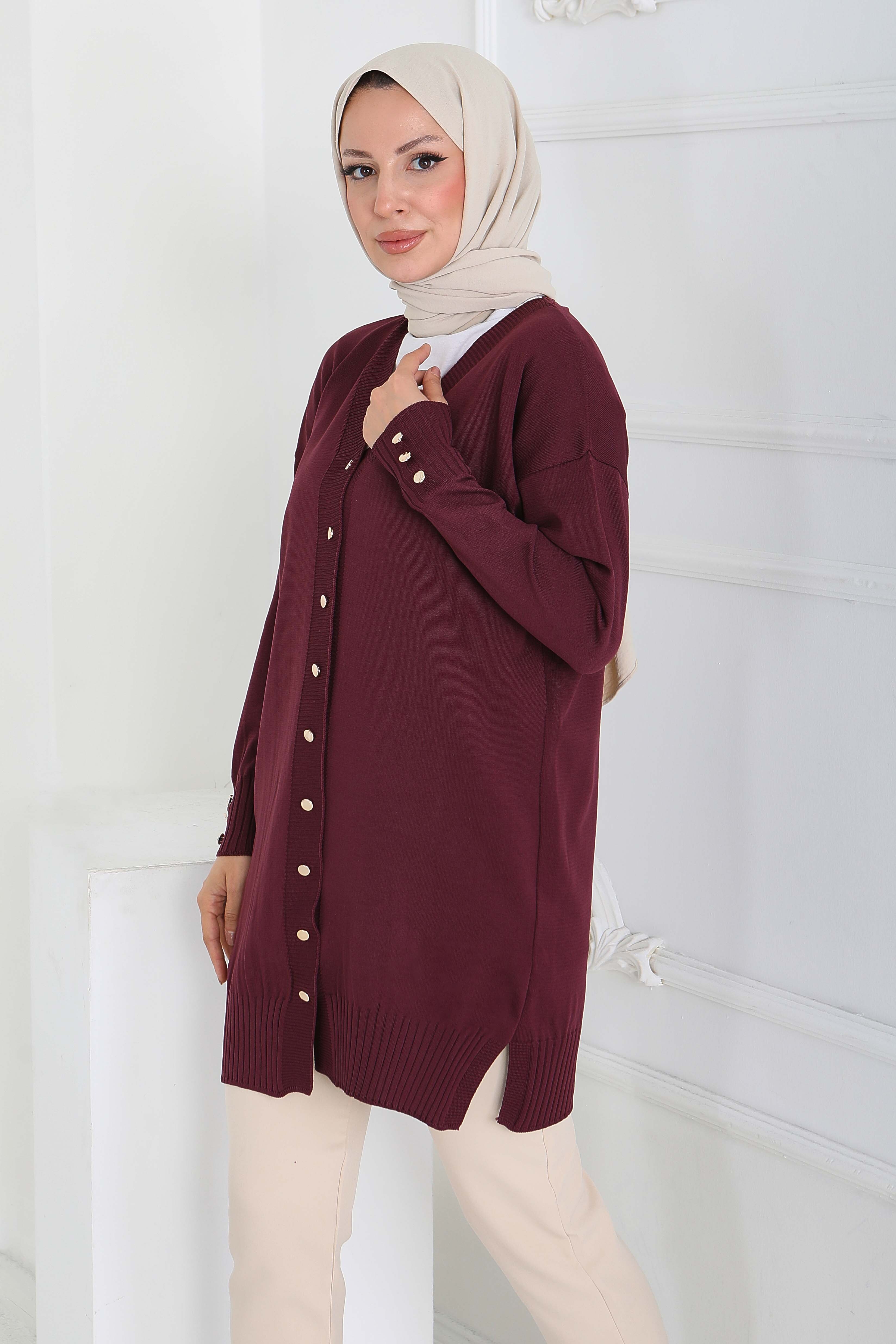 Düğmeli Triko Hırka - 27798-MURDUM - 2