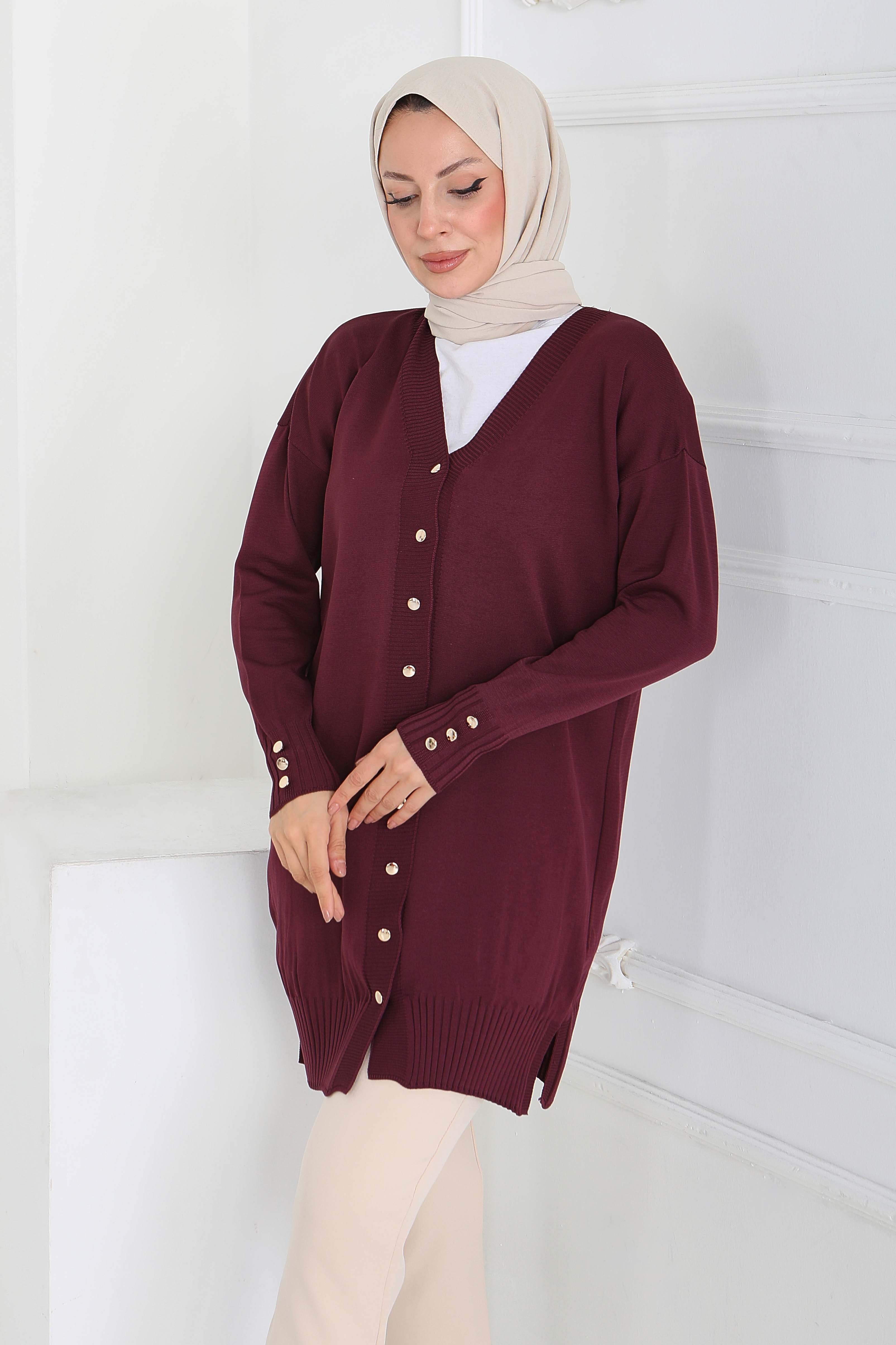 Düğmeli Triko Hırka - 27798-MURDUM - 3