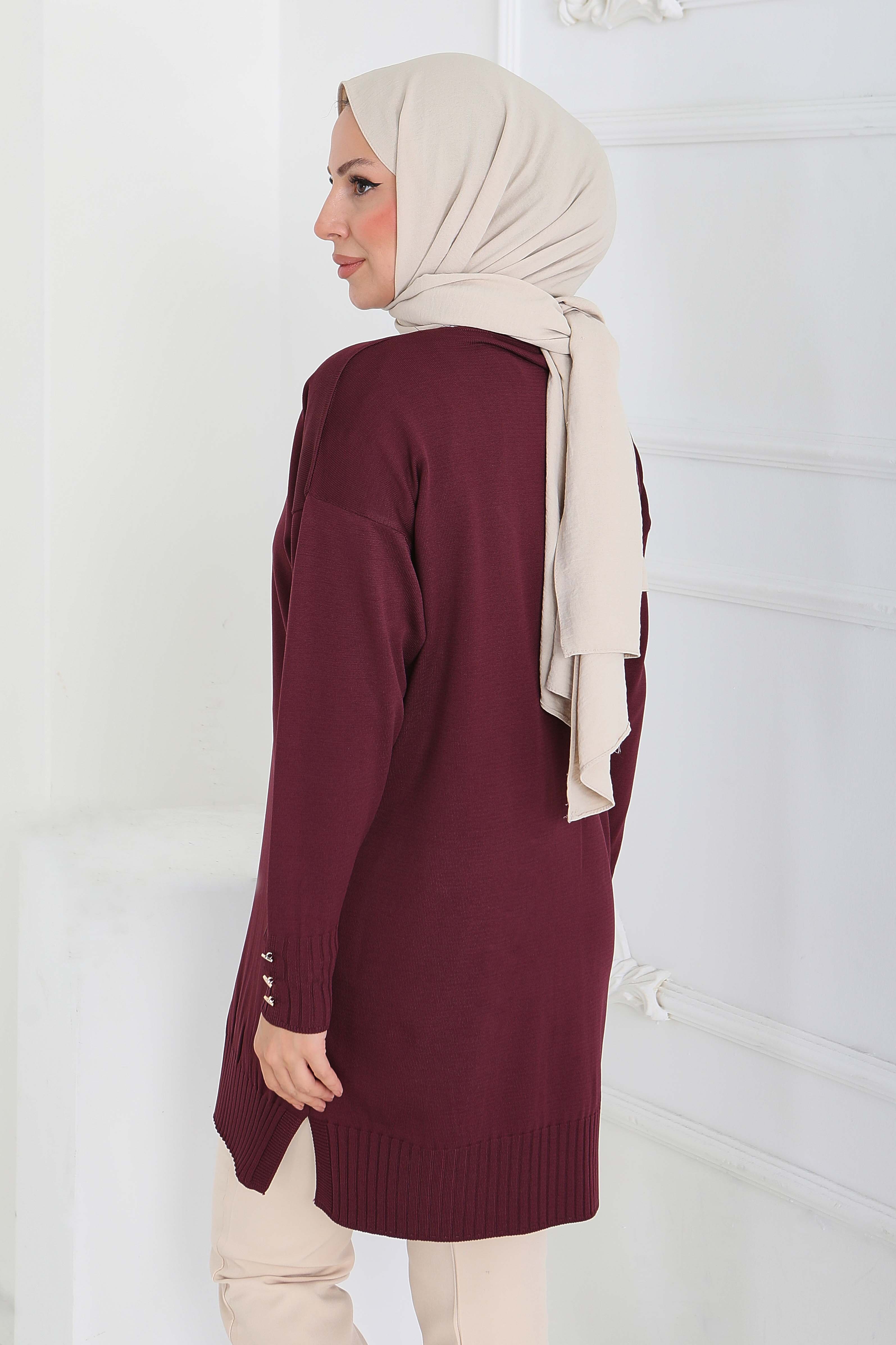 Düğmeli Triko Hırka - 27798-MURDUM - 4