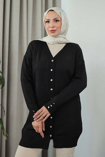 Düğmeli Triko Hırka - 27798-SIYAH 