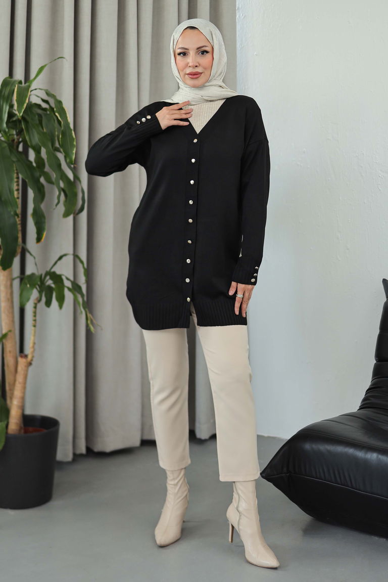 Düğmeli Triko Hırka - 27798-SIYAH - TOFİSA