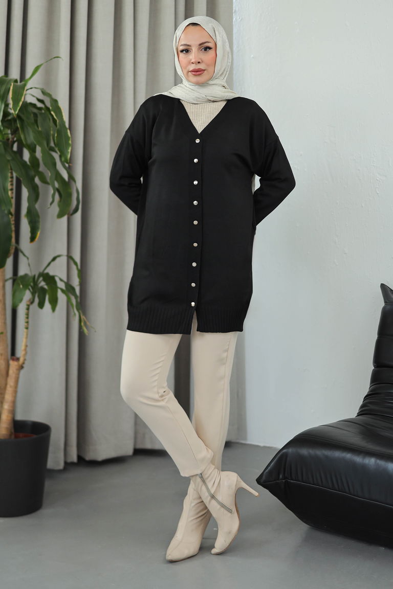 Düğmeli Triko Hırka - 27798-SIYAH - TOFİSA