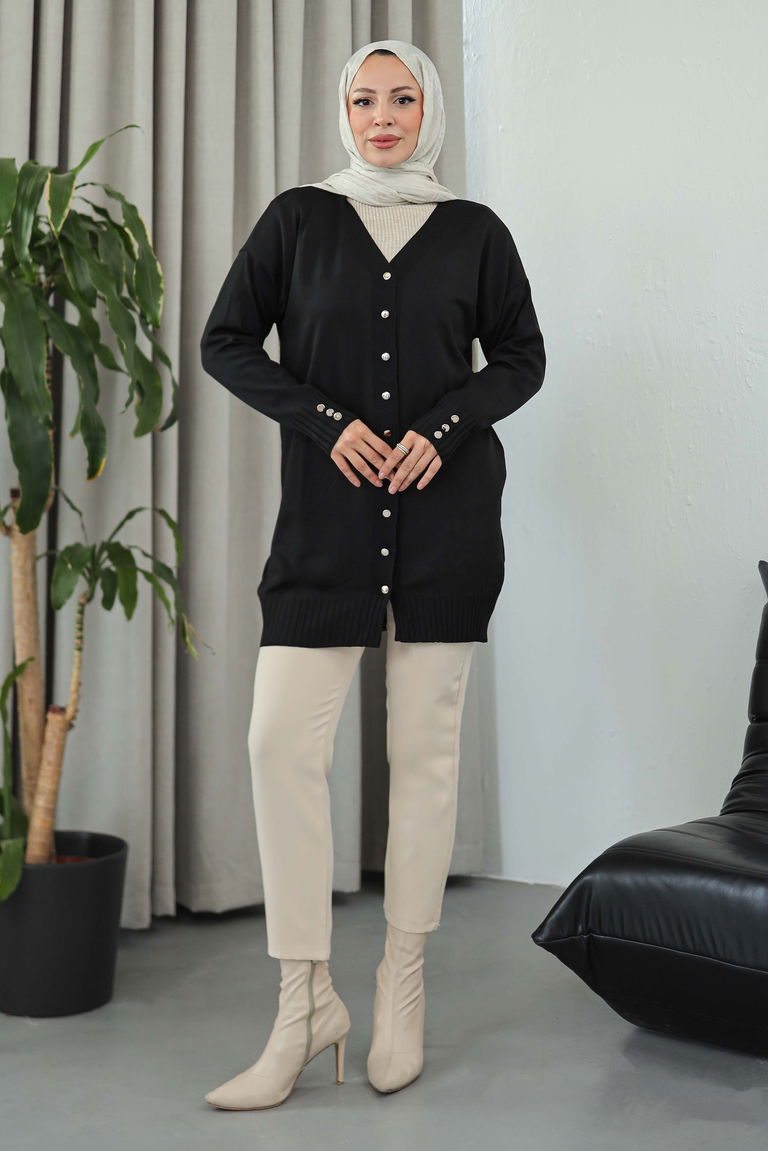 Düğmeli Triko Hırka - 27798-SIYAH - TOFİSA