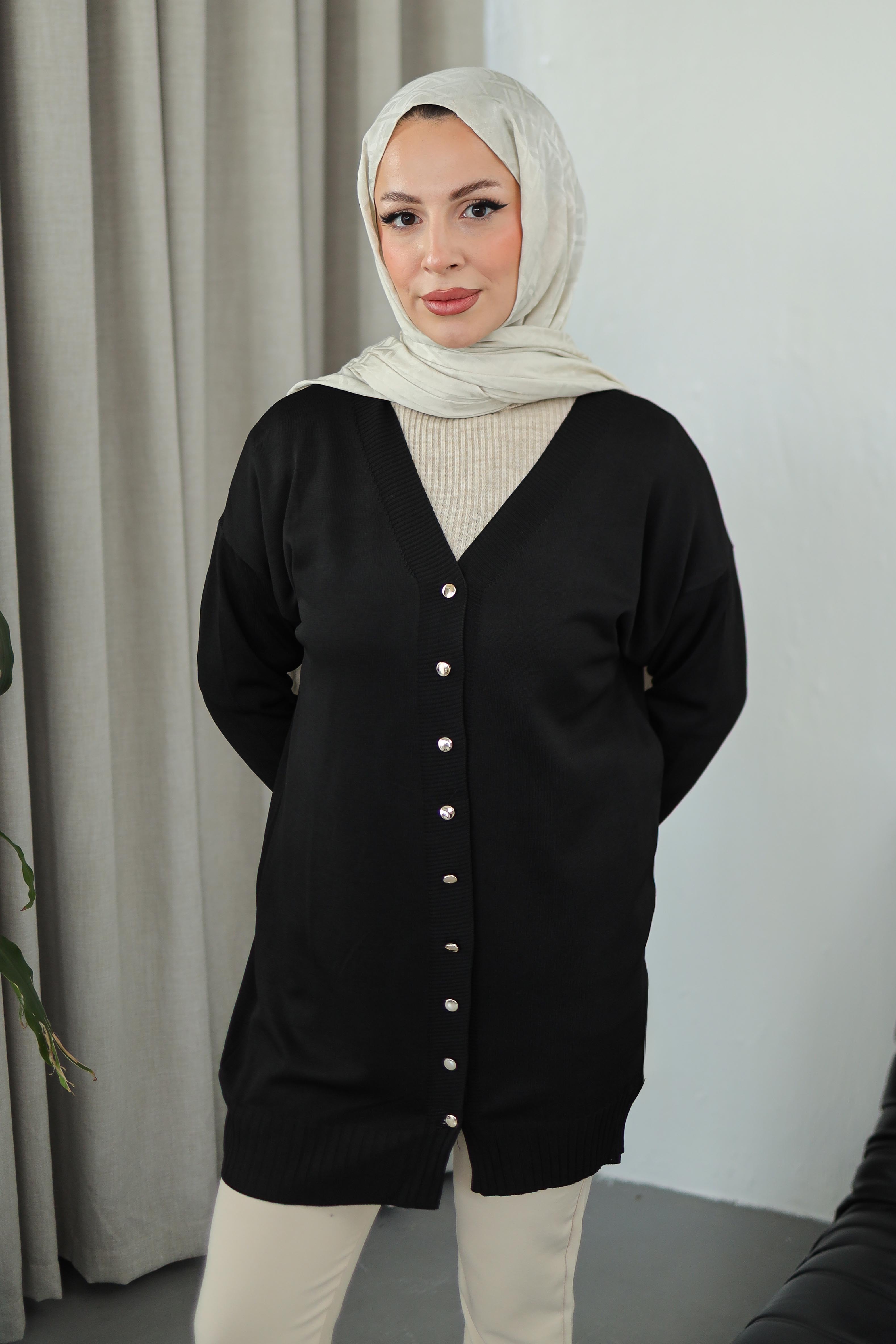 Düğmeli Triko Hırka - 27798-SIYAH - 5