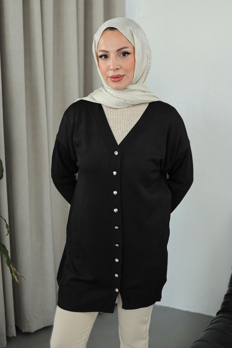 Düğmeli Triko Hırka - 27798-SIYAH - TOFİSA