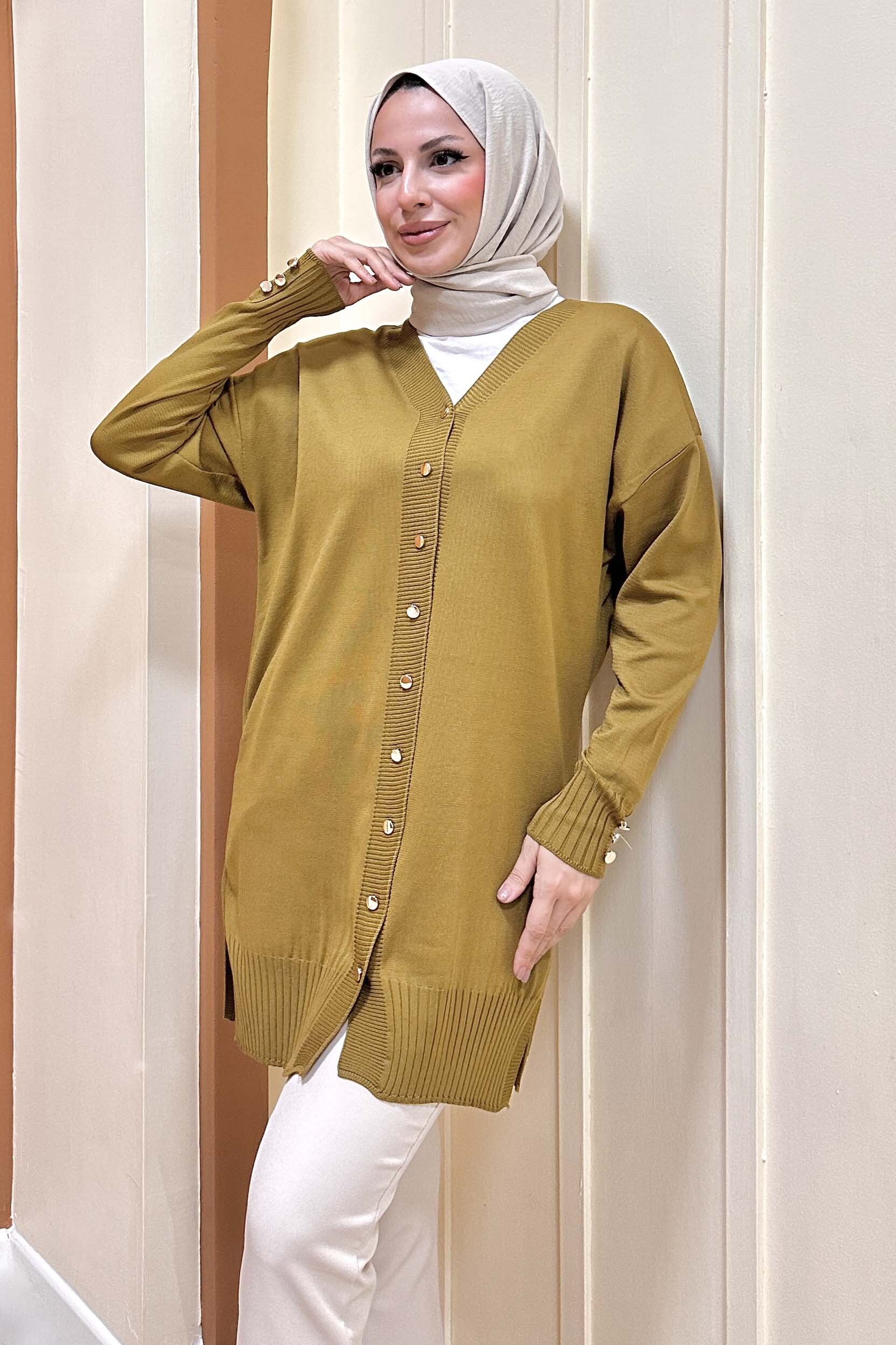 Düğmeli Triko Hırka - 27798-YAG-YESILI - 2
