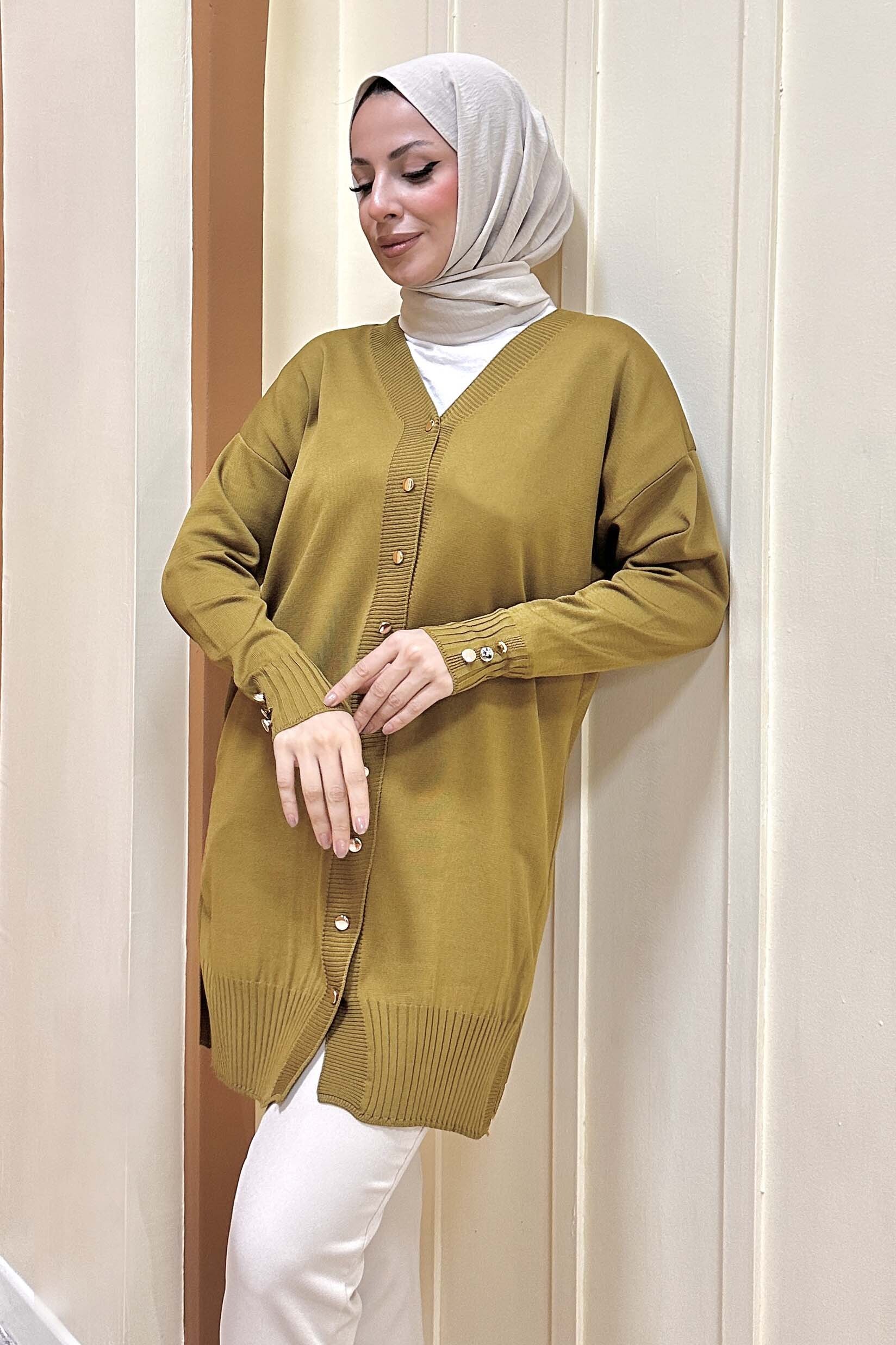 Düğmeli Triko Hırka - 27798-YAG-YESILI - 3