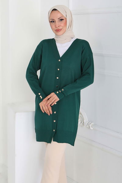 Düğmeli Triko Hırka - 27798-ZUMRUT 