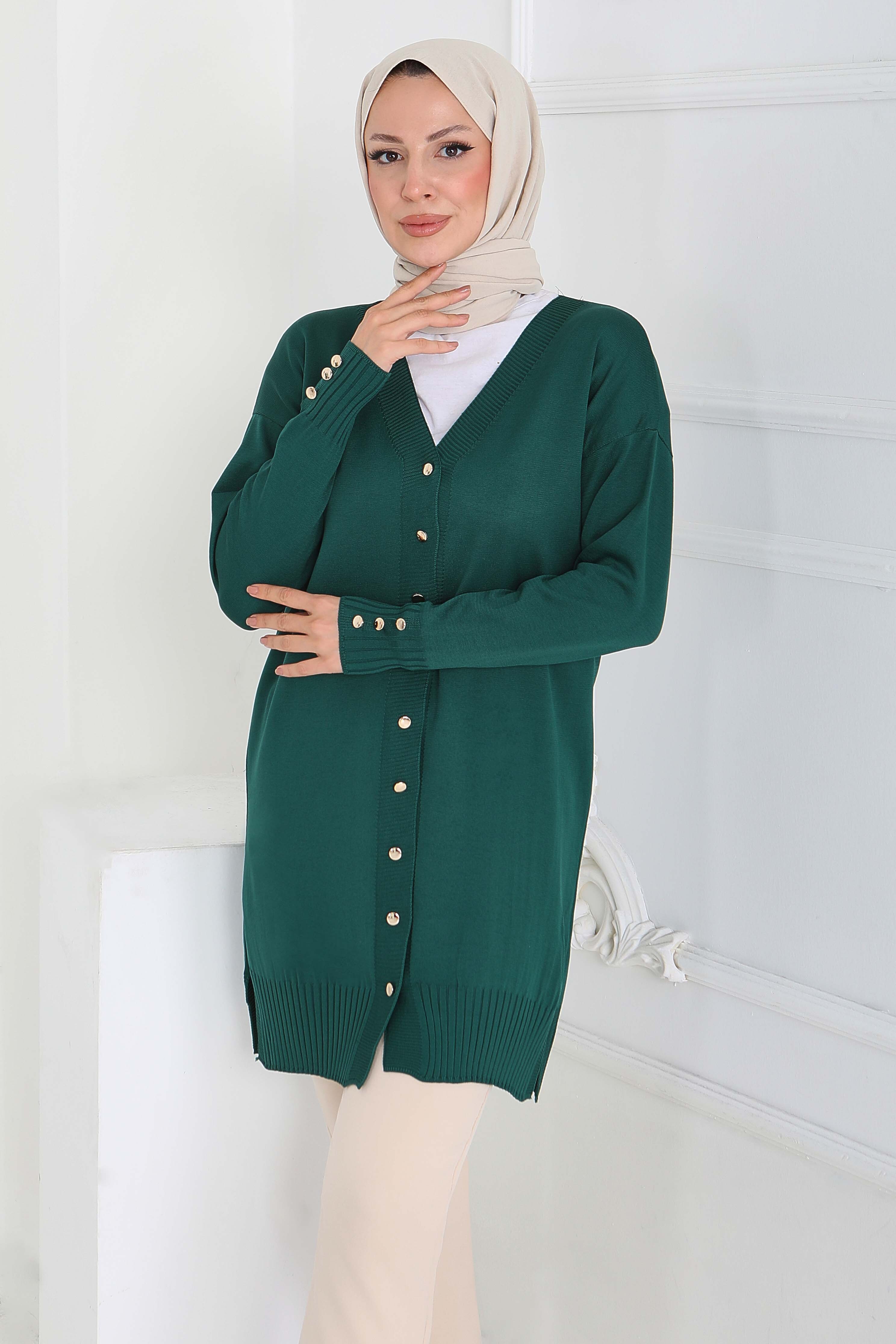 Düğmeli Triko Hırka - 27798-ZUMRUT - 2