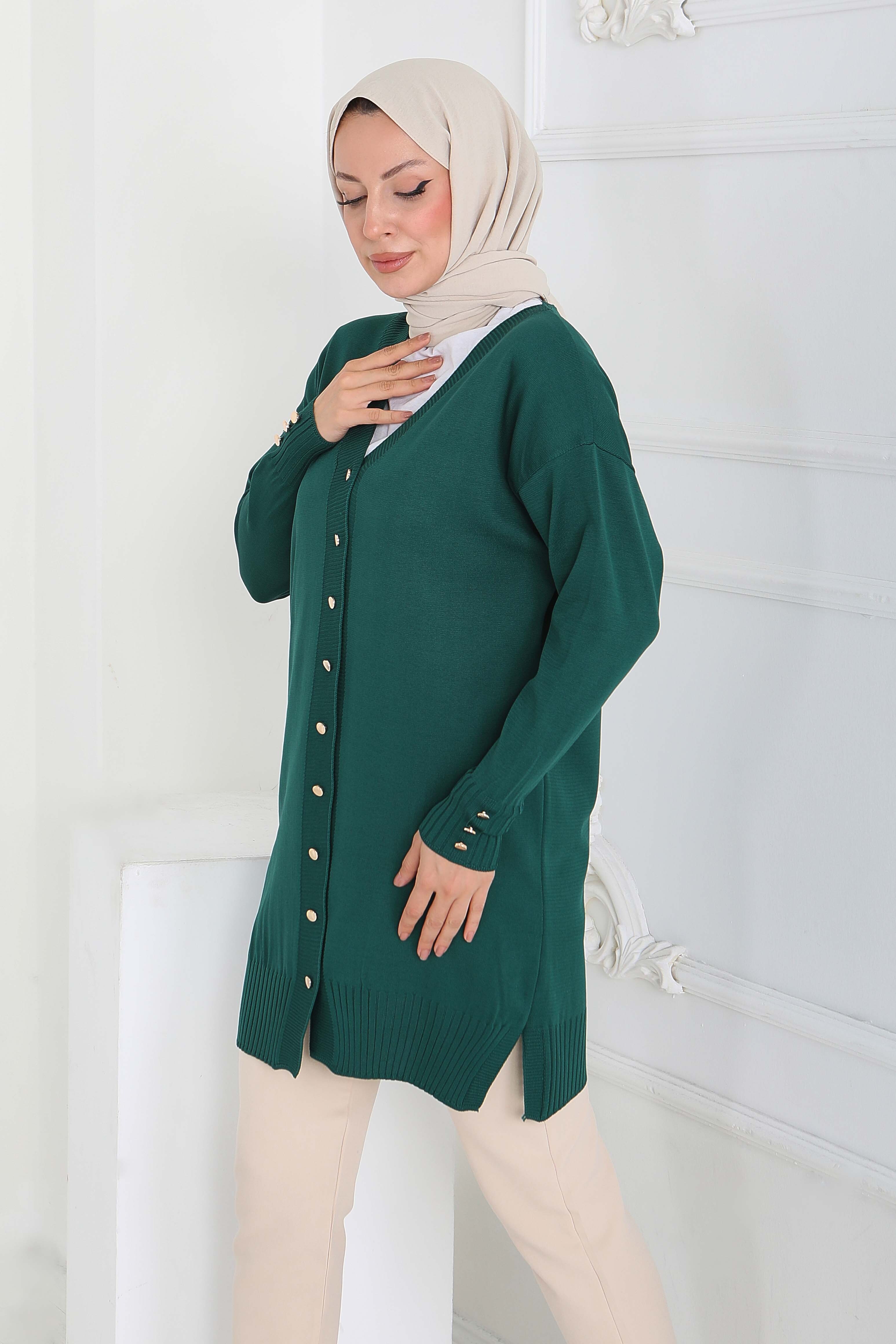 Düğmeli Triko Hırka - 27798-ZUMRUT - 3