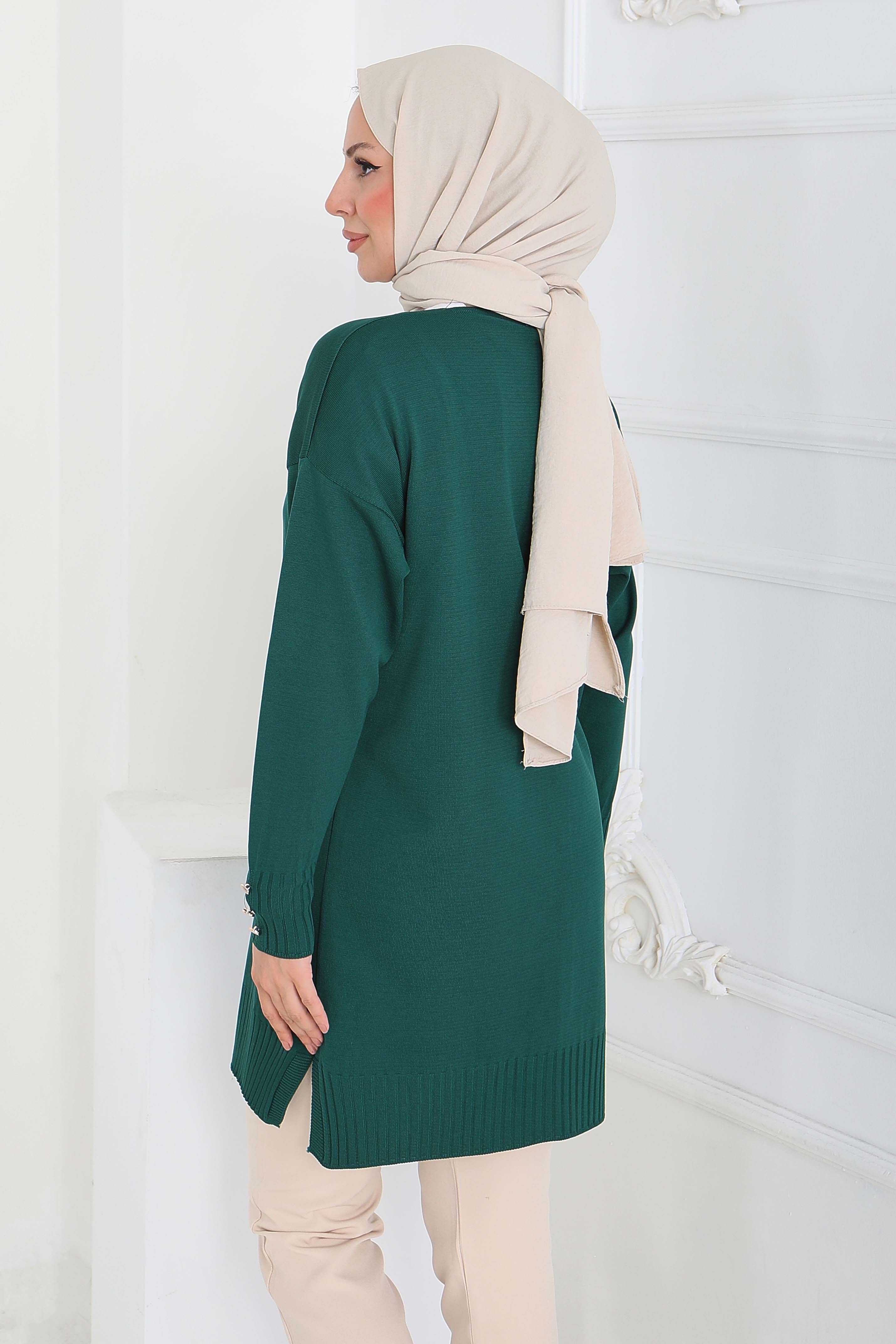 Düğmeli Triko Hırka - 27798-ZUMRUT - 4