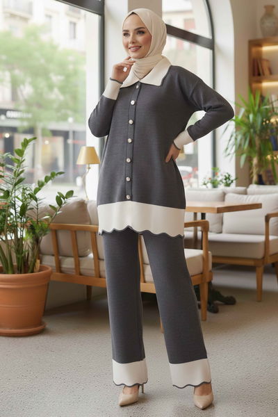 Düğmeli Triko İkili Takım - 28121-ANTRASIT 