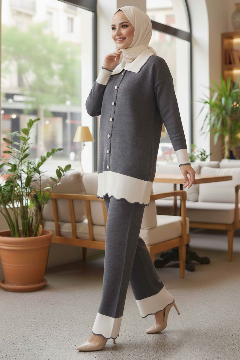 Düğmeli Triko İkili Takım - 28121-ANTRASIT - TOFİSA