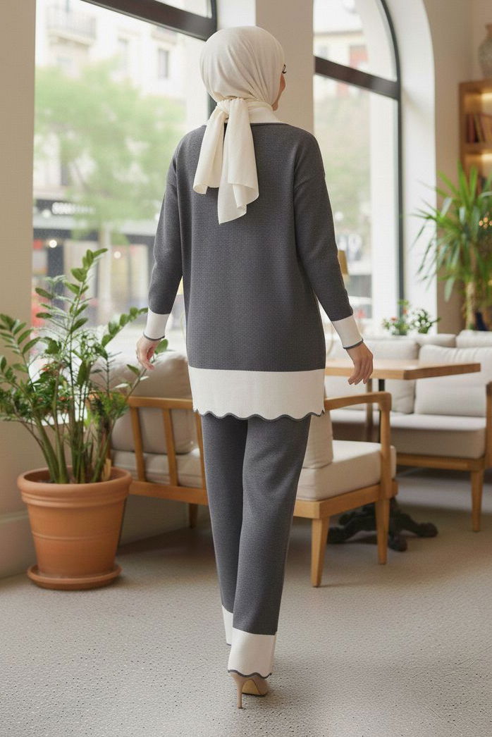 Düğmeli Triko İkili Takım - 28121-ANTRASIT - 3