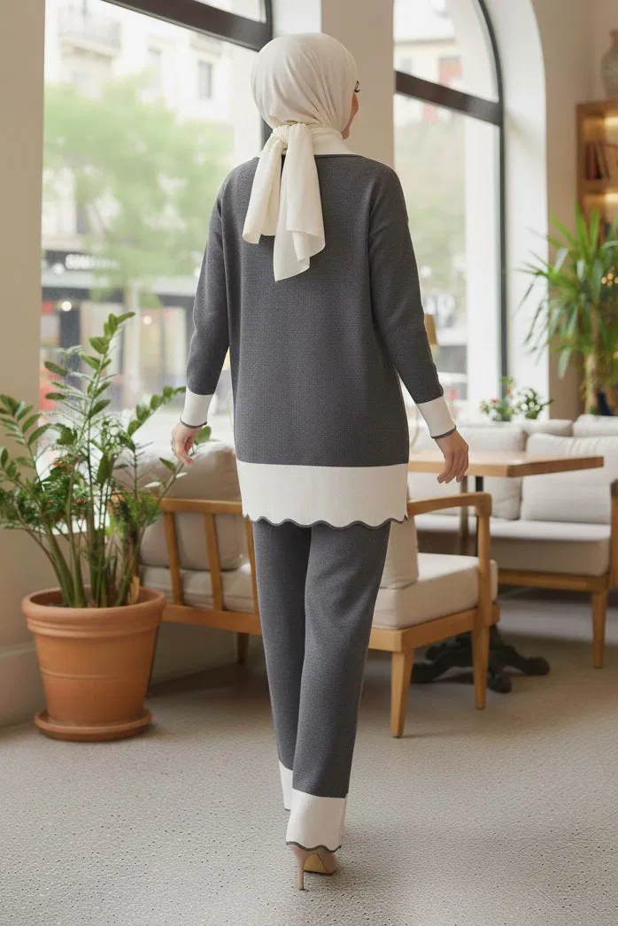 Düğmeli Triko İkili Takım - 28121-ANTRASIT - TOFİSA