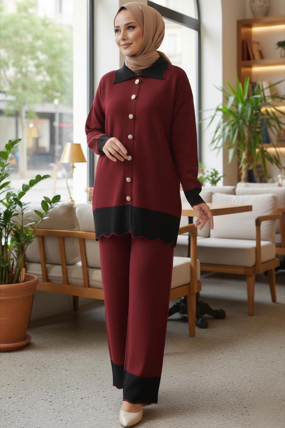 Düğmeli Triko İkili Takım - 28121-BORDO-SIYAH - 1