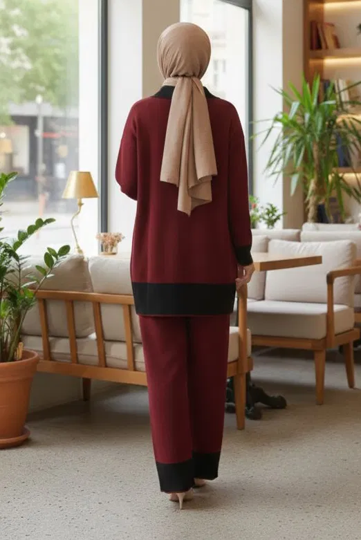 Düğmeli Triko İkili Takım - 28121-BORDO-SIYAH - TOFİSA