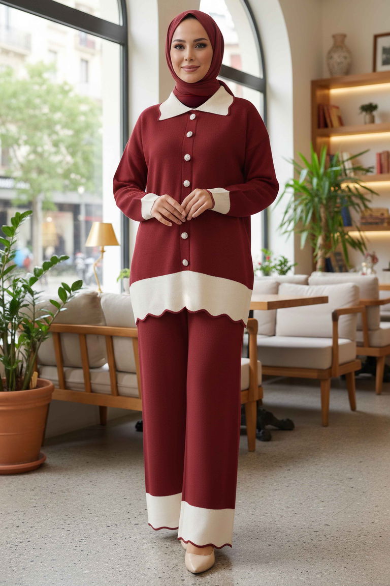 Düğmeli Triko İkili Takım - 28121-BORDO - TOFİSA