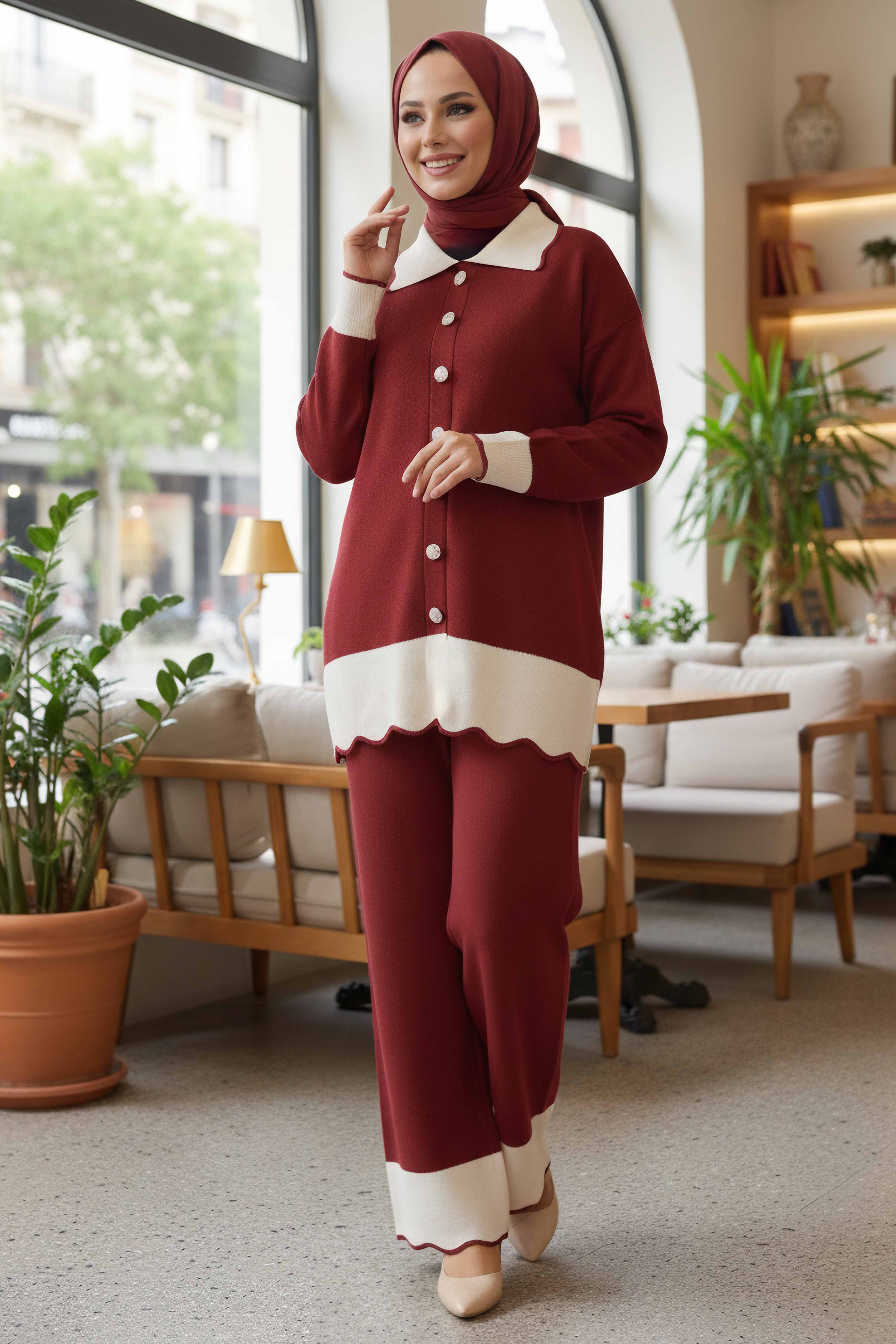 Düğmeli Triko İkili Takım - 28121-BORDO - 2