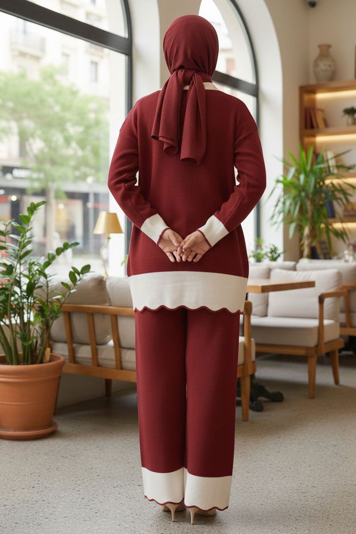 Düğmeli Triko İkili Takım - 28121-BORDO - 3