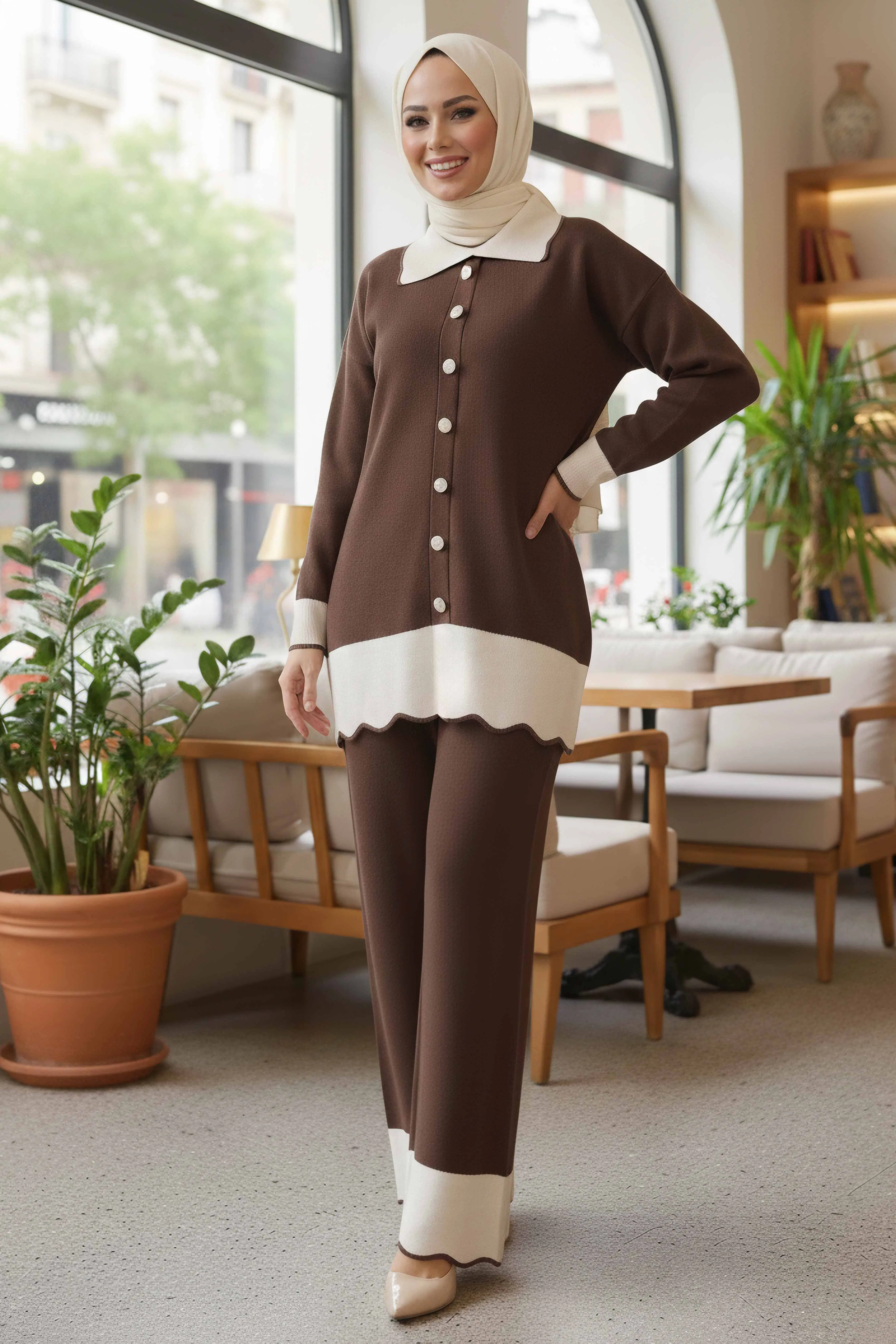 Düğmeli Triko İkili Takım - 28121-KAHVE - 1