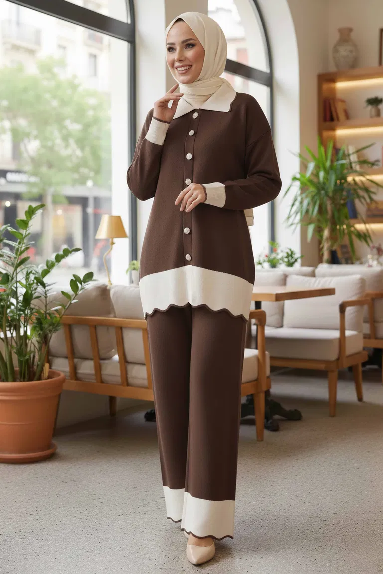 Düğmeli Triko İkili Takım - 28121-KAHVE - TOFİSA