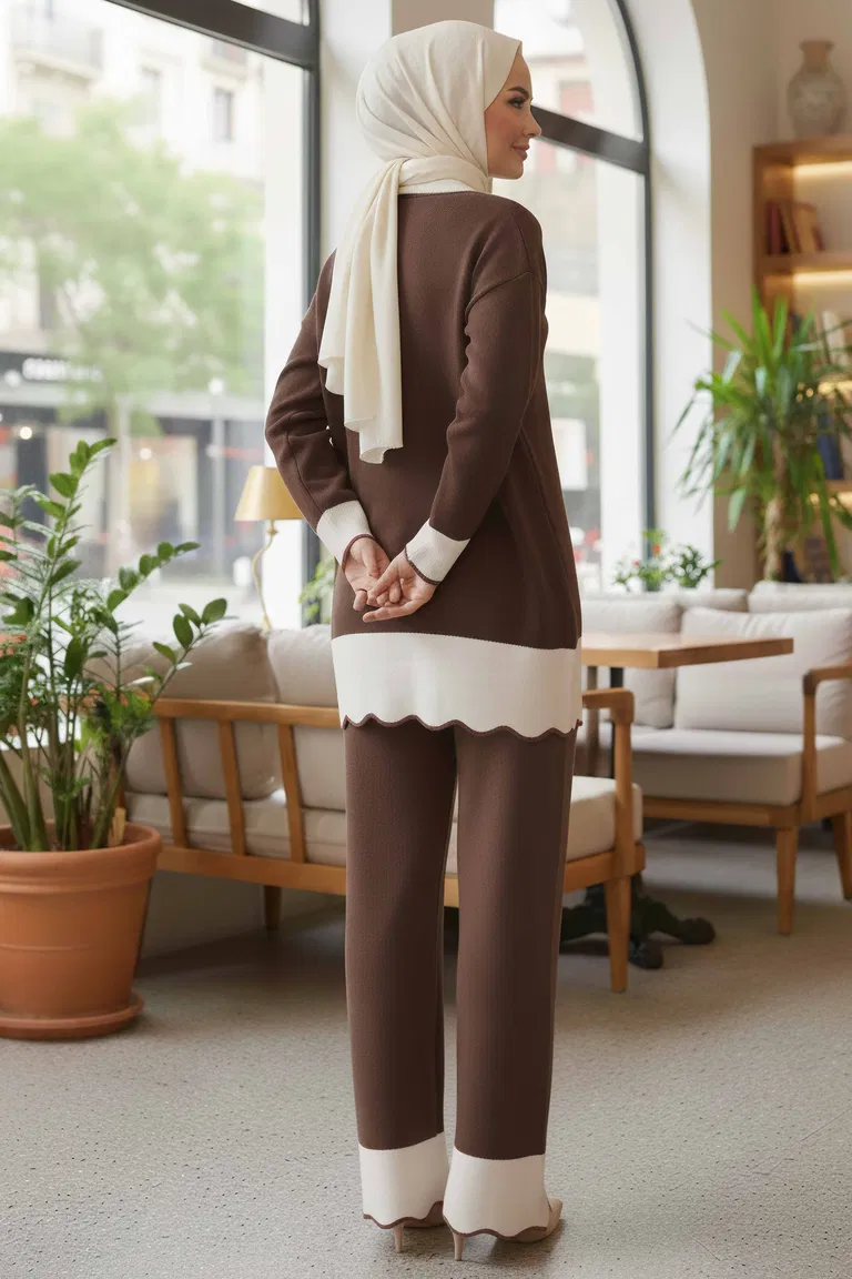 Düğmeli Triko İkili Takım - 28121-KAHVE - TOFİSA