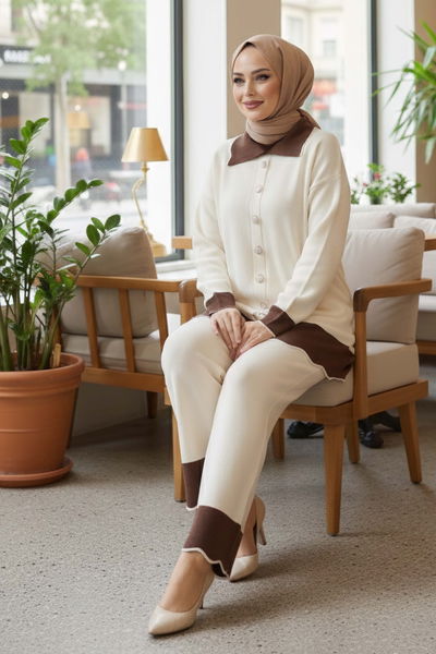 Düğmeli Triko İkili Takım - 28121-KREM 