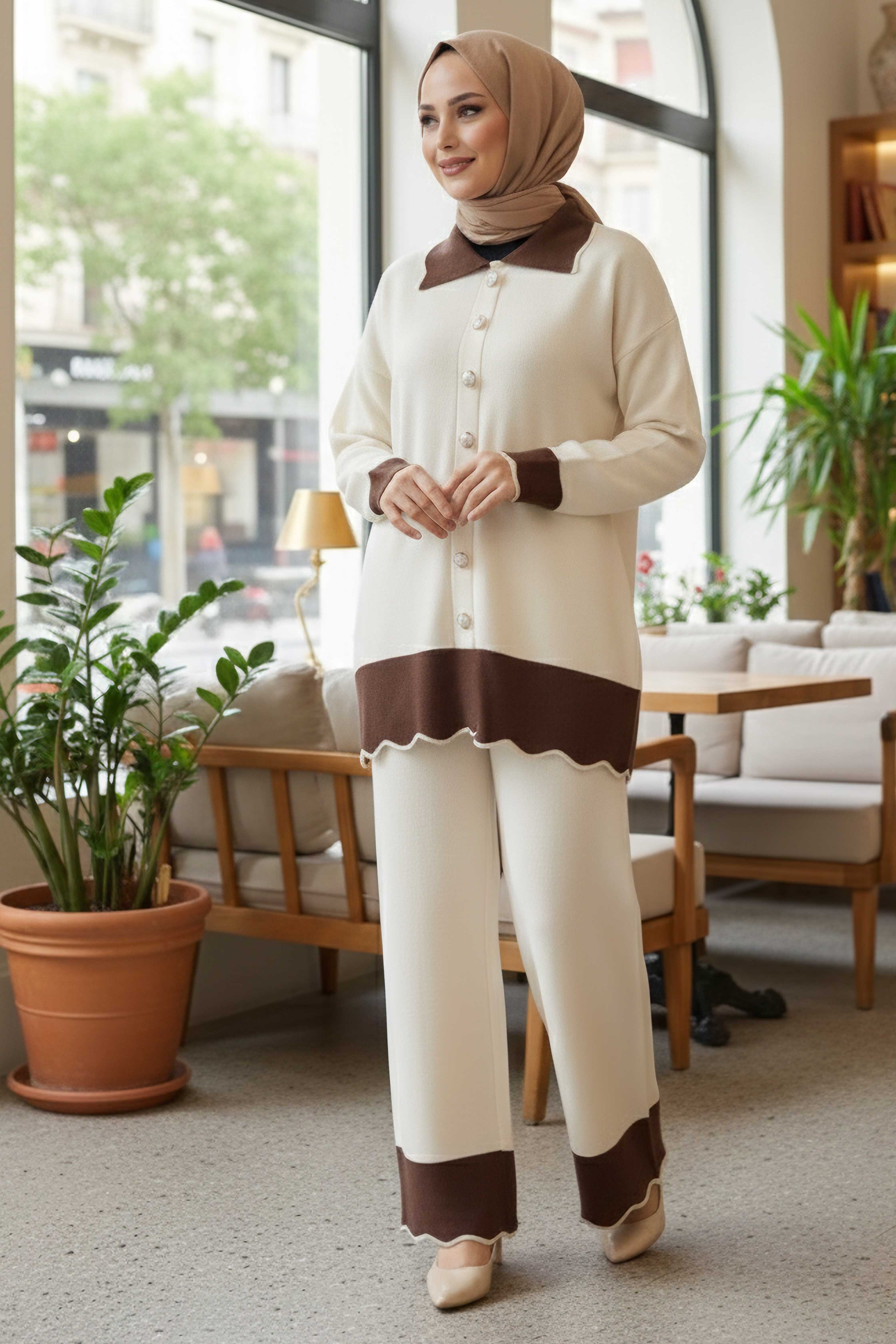 Düğmeli Triko İkili Takım - 28121-KREM - 2