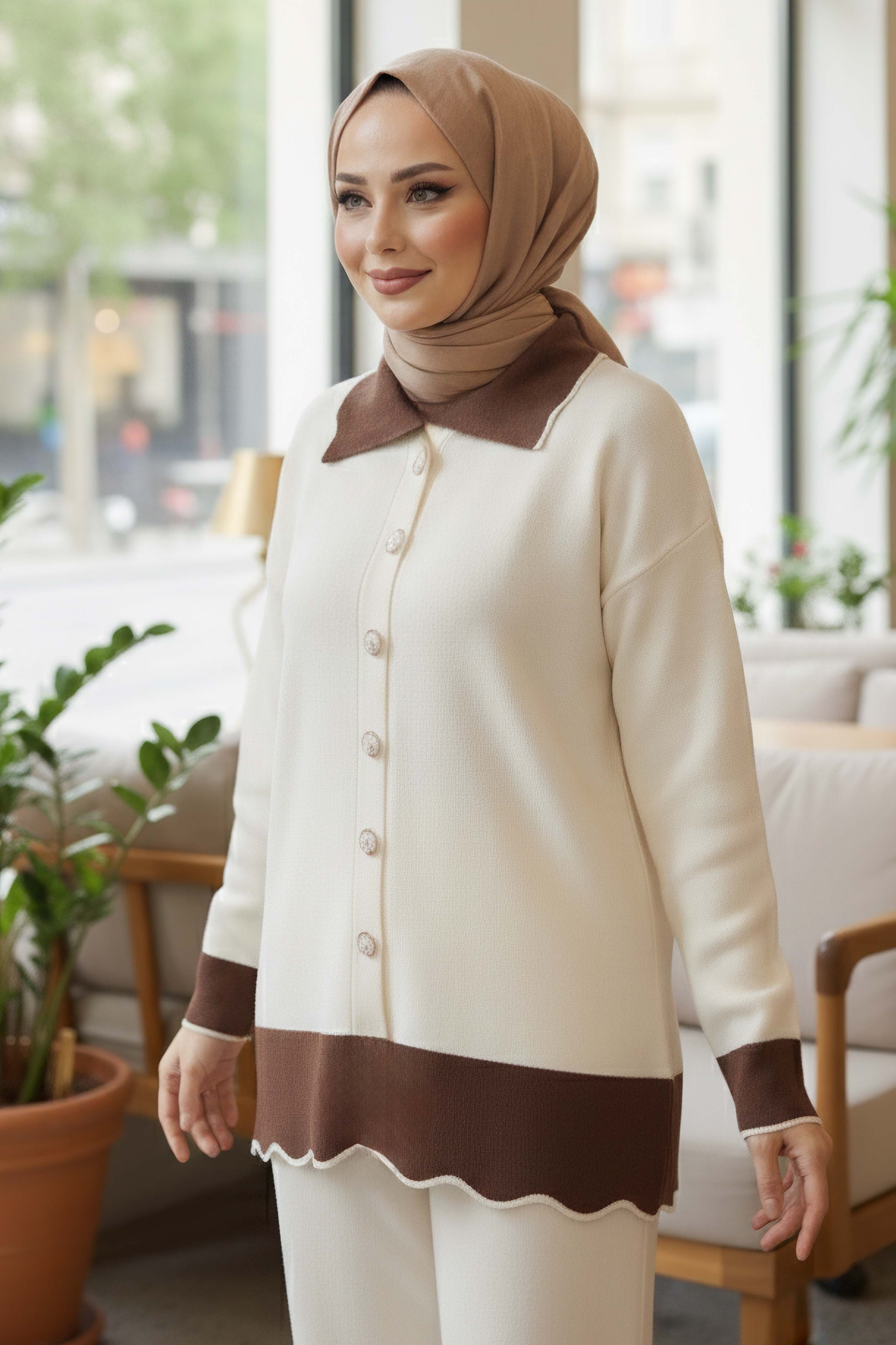 Düğmeli Triko İkili Takım - 28121-KREM - 3