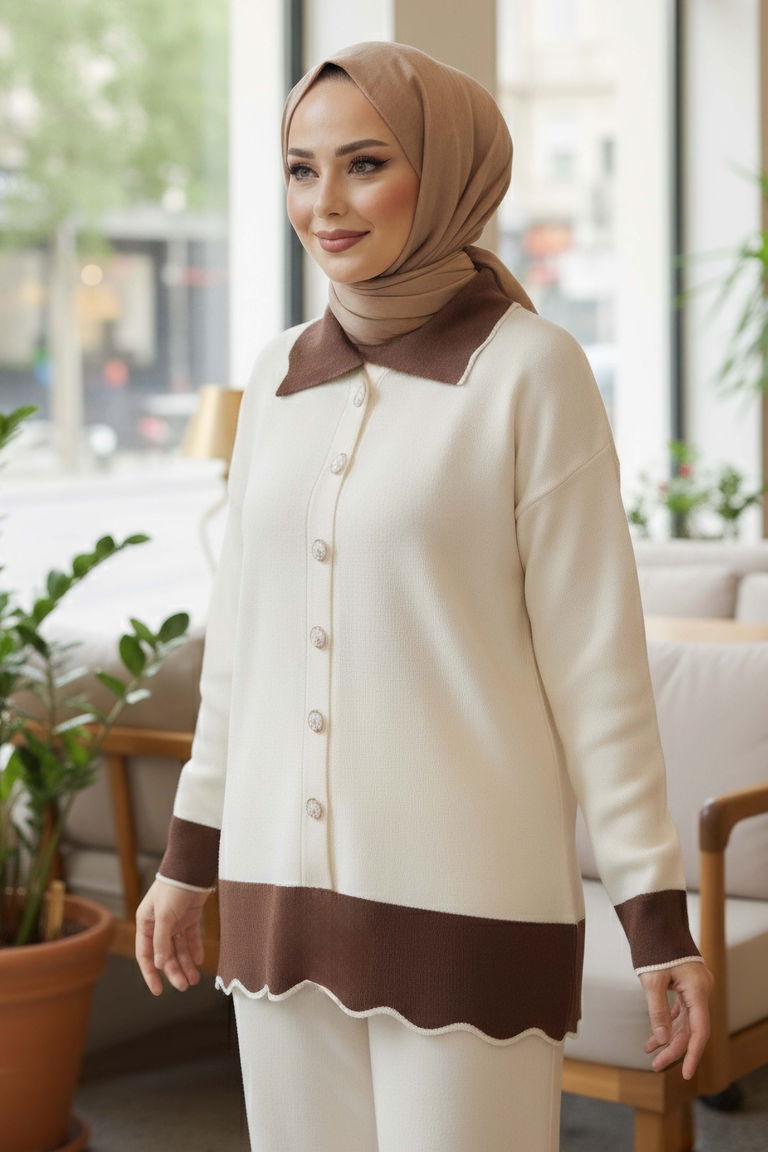 Düğmeli Triko İkili Takım - 28121-KREM - TOFİSA