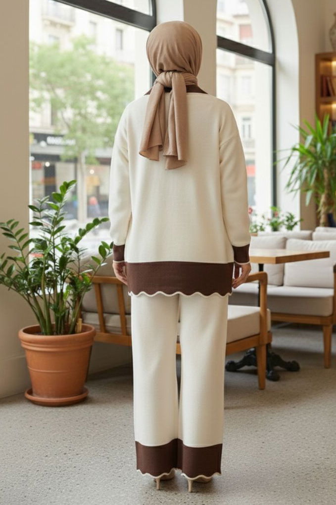 Düğmeli Triko İkili Takım - 28121-KREM - TOFİSA