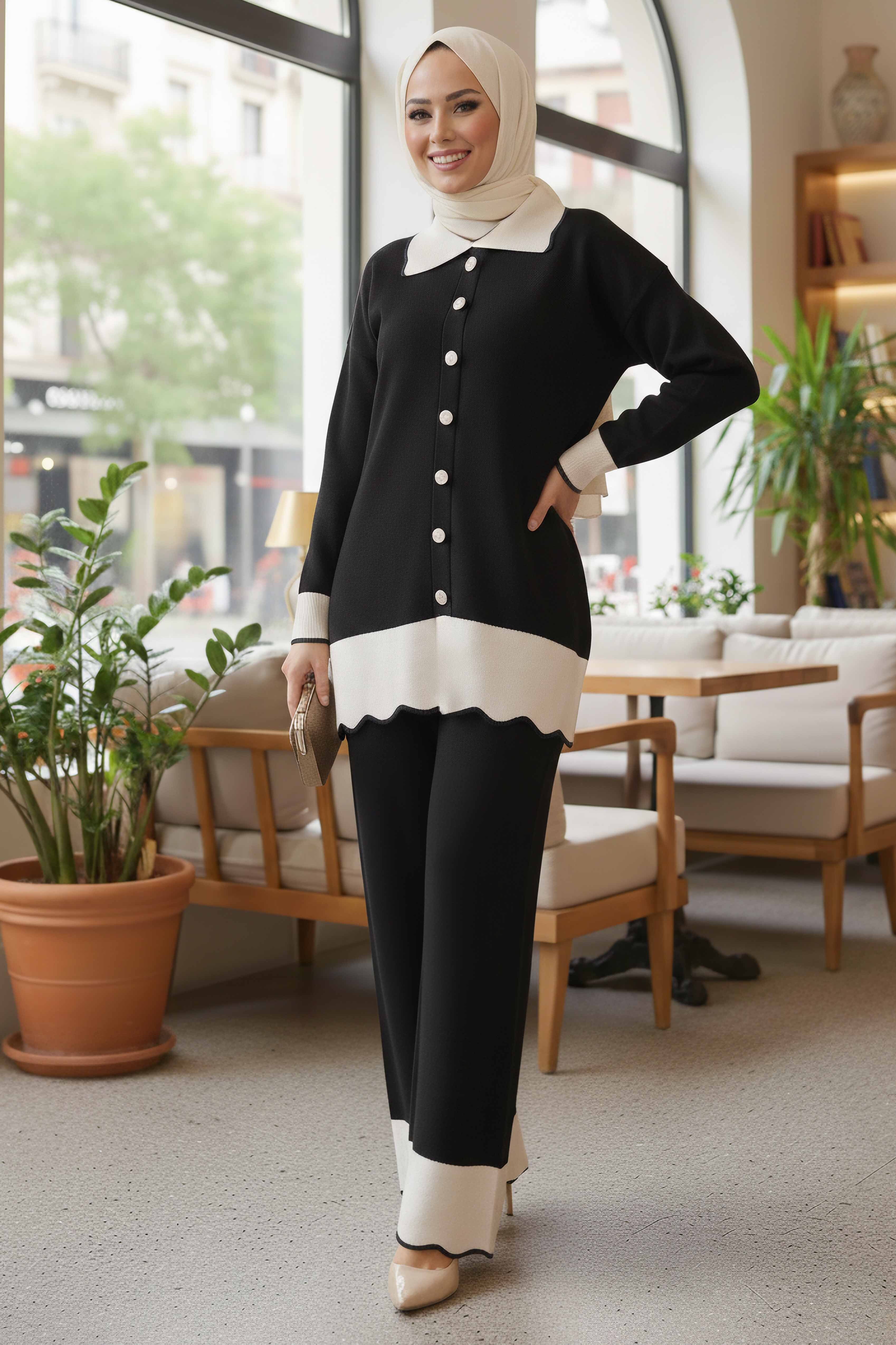 Düğmeli Triko İkili Takım - 28121-SIYAH - 1