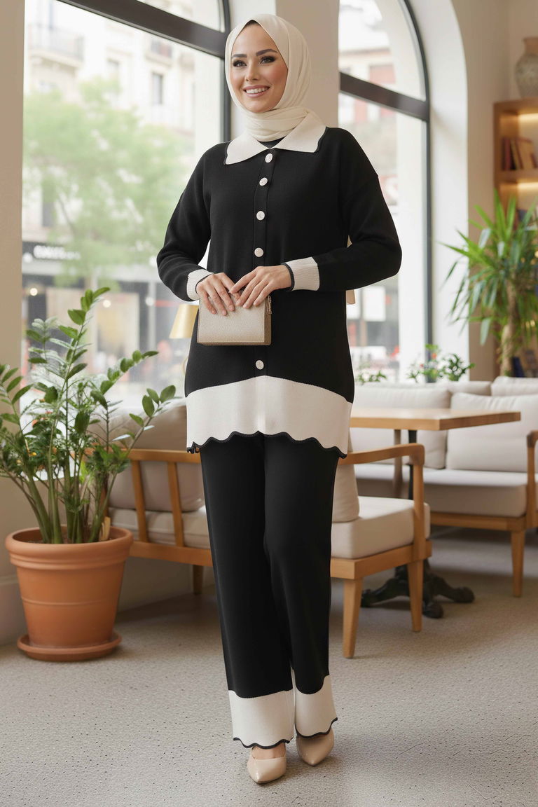 Düğmeli Triko İkili Takım - 28121-SIYAH - TOFİSA
